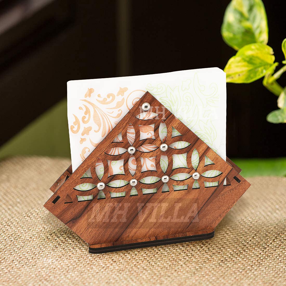 MH VILLA Wooden Tissue Paper Holder with Full Size Decorative Napkin Stand Tissue Paper Organizer for Home & Kitchen Dining Table Stand (Wooden) 3