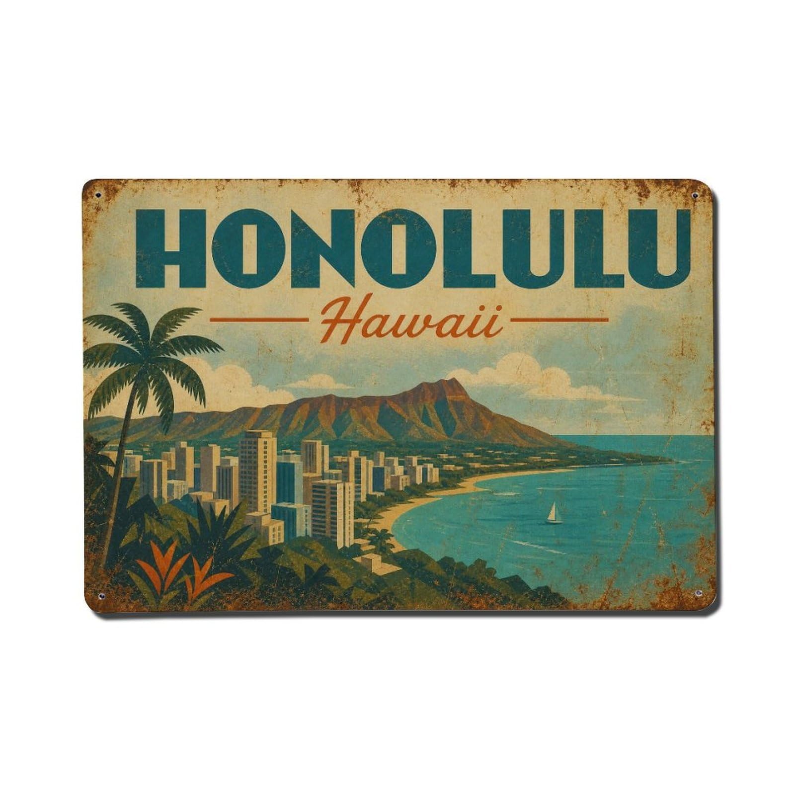 Honolulu Hawaii Island Coastal Lagoon Travel Retro Metal Tin Sign