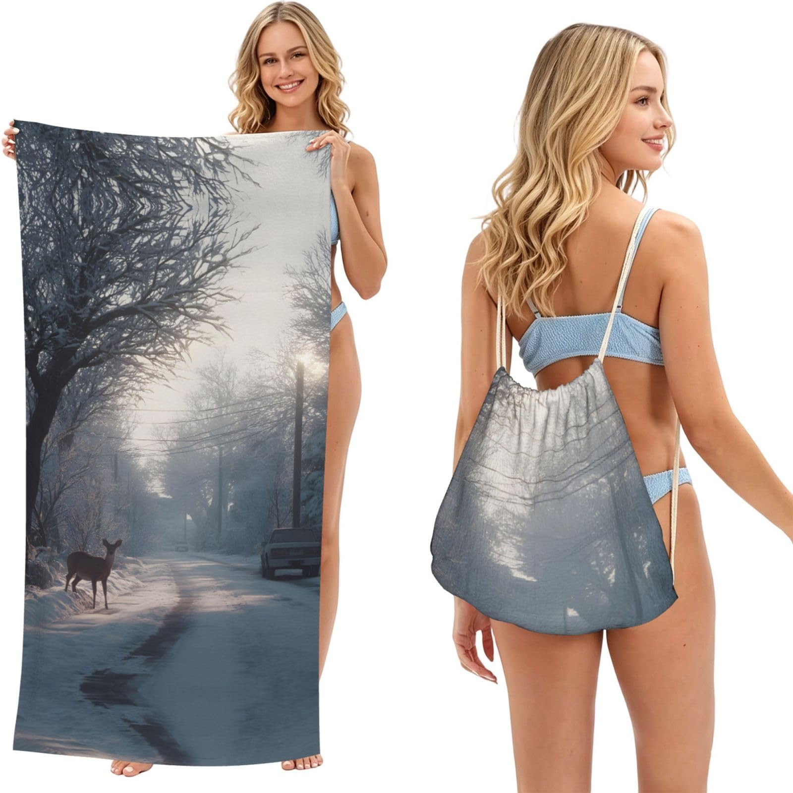 ESNAIUVCD Winter Print Beach Towel For Adults,Towel With Drawstring Bag, Travel Pool Swimming Sports Shower Sand Free Quick Dry Bath Towel For Pool, Beach, Yoga- 180x60cm