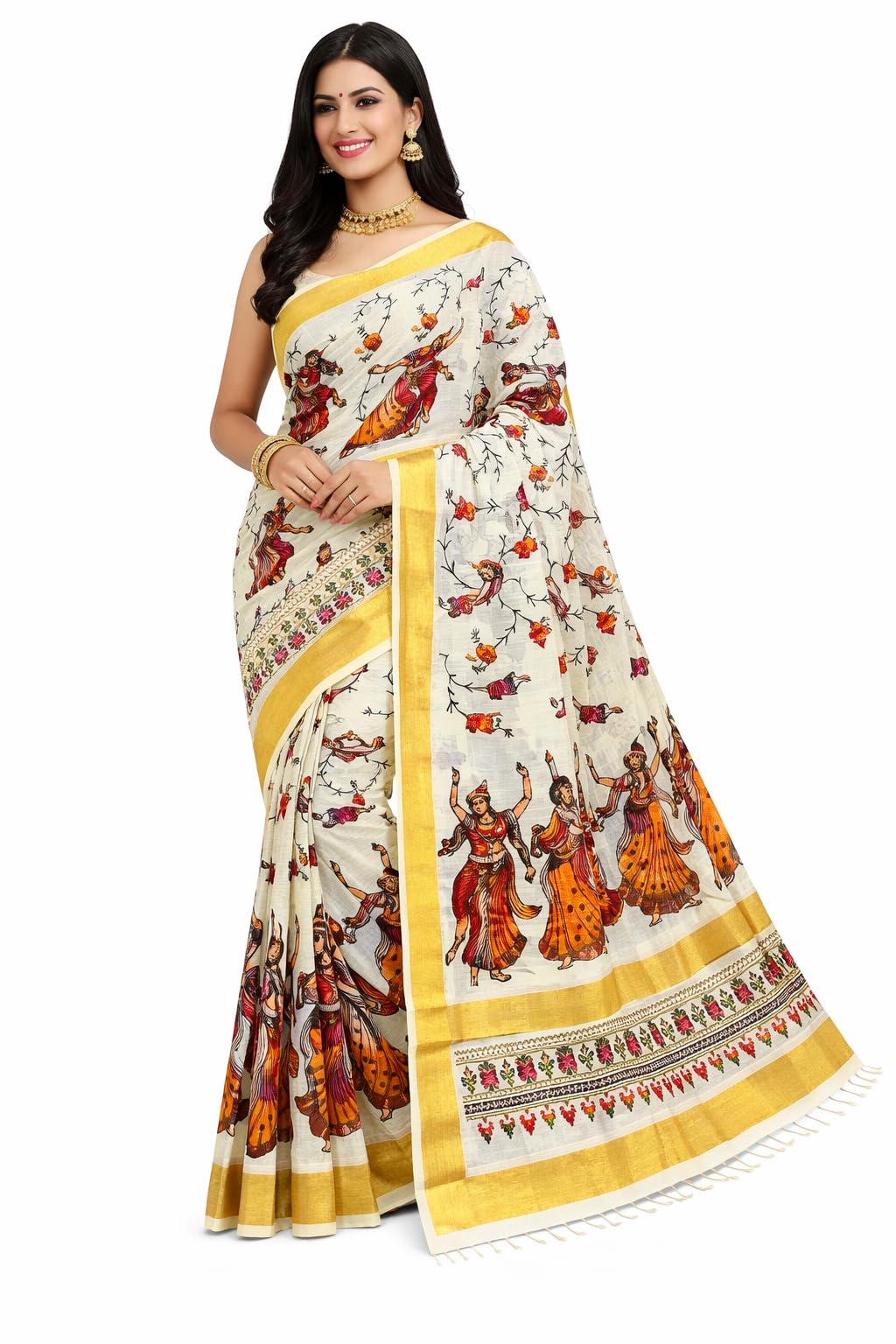 Printed Kerala Cotton Saree for Women | Traditional Dancing Figure Print Cotton Saree with Golden Border | Lightweight Soft Cotton Saree with Running Blouse for Daily wear-image-6