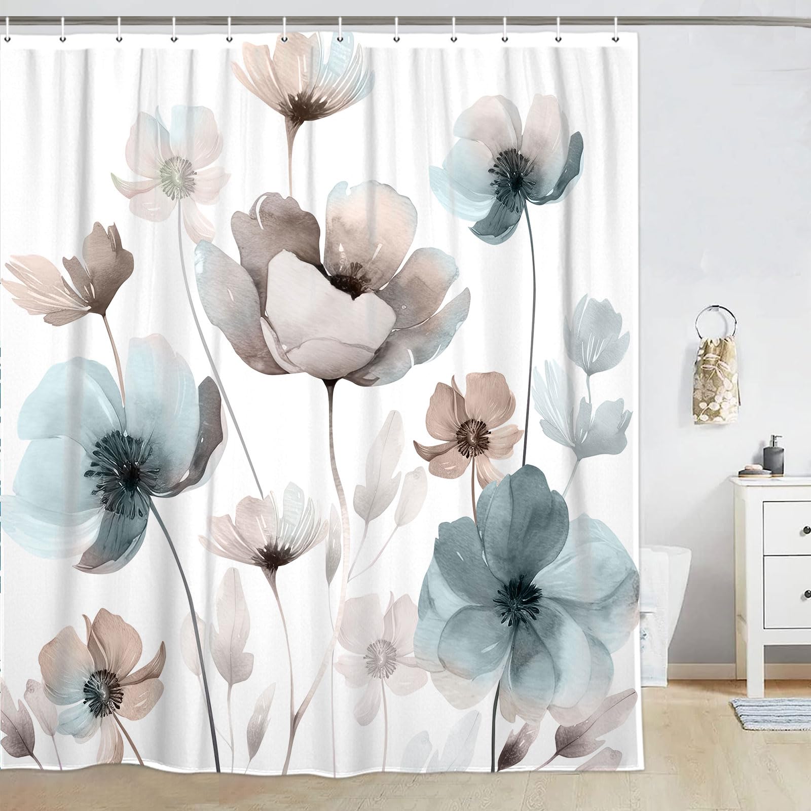 LKFBSC Boho Floral Shower Curtain, Cream Tan Beige Blue Grey White Teal Watercolor Flower Shower Curtain Set, Bohemia Farmhouse Bathroom Decoration