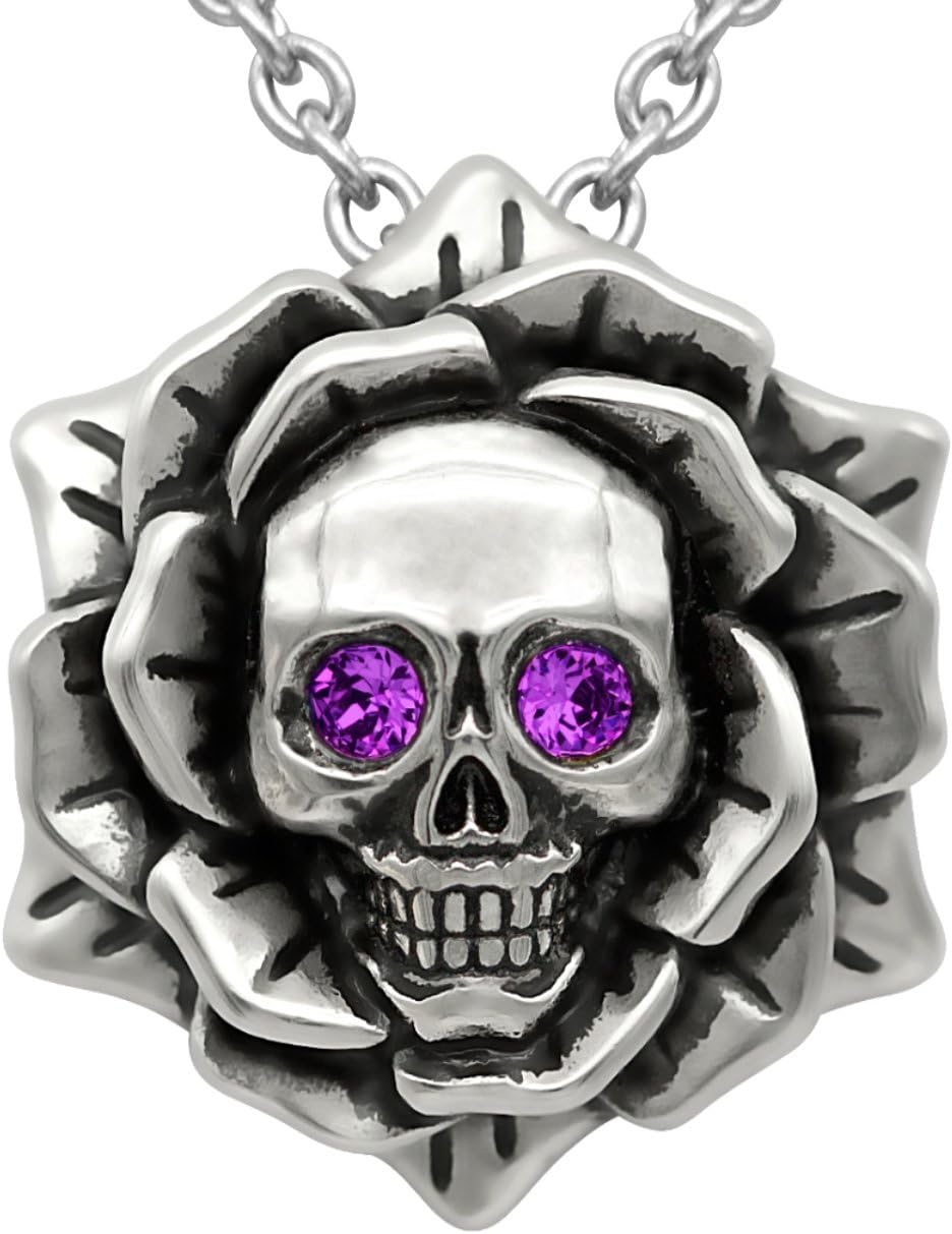 Skull Rose Birthstone Necklace With Crystal 17" - 19" Adjustable Chain