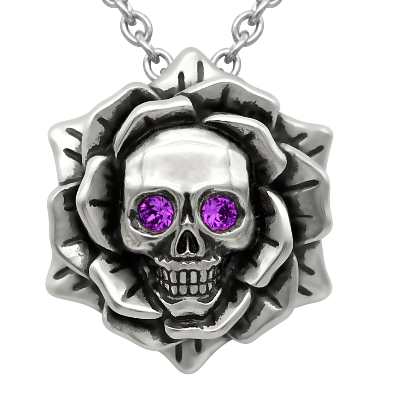 Skull Rose Birthstone Necklace With Crystal 17" - 19" Adjustable Chain