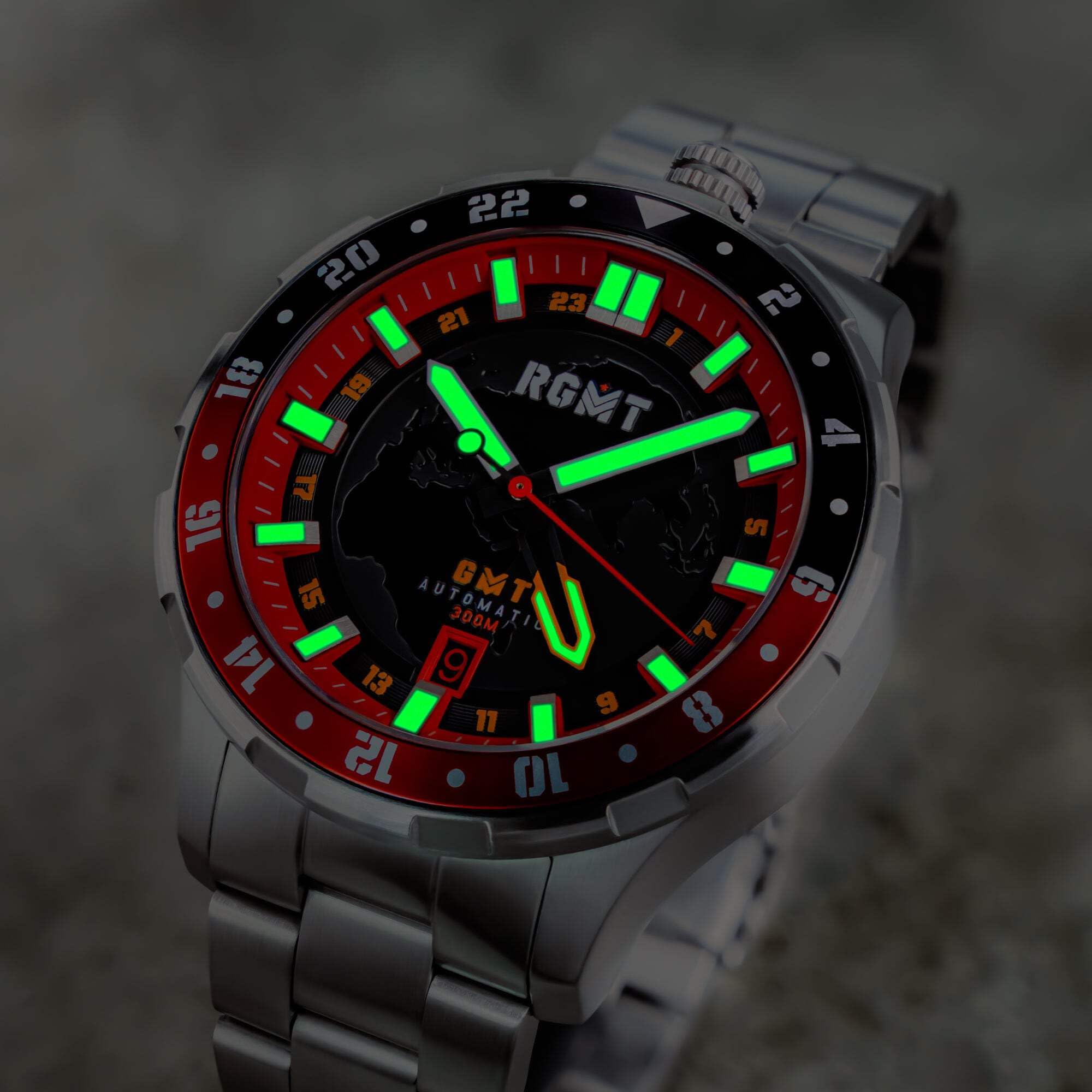 RGMT Globemaster GMT Orologio automatico da uomo, 46 mm, con cinturino in acciaio inox massiccio RG-8067