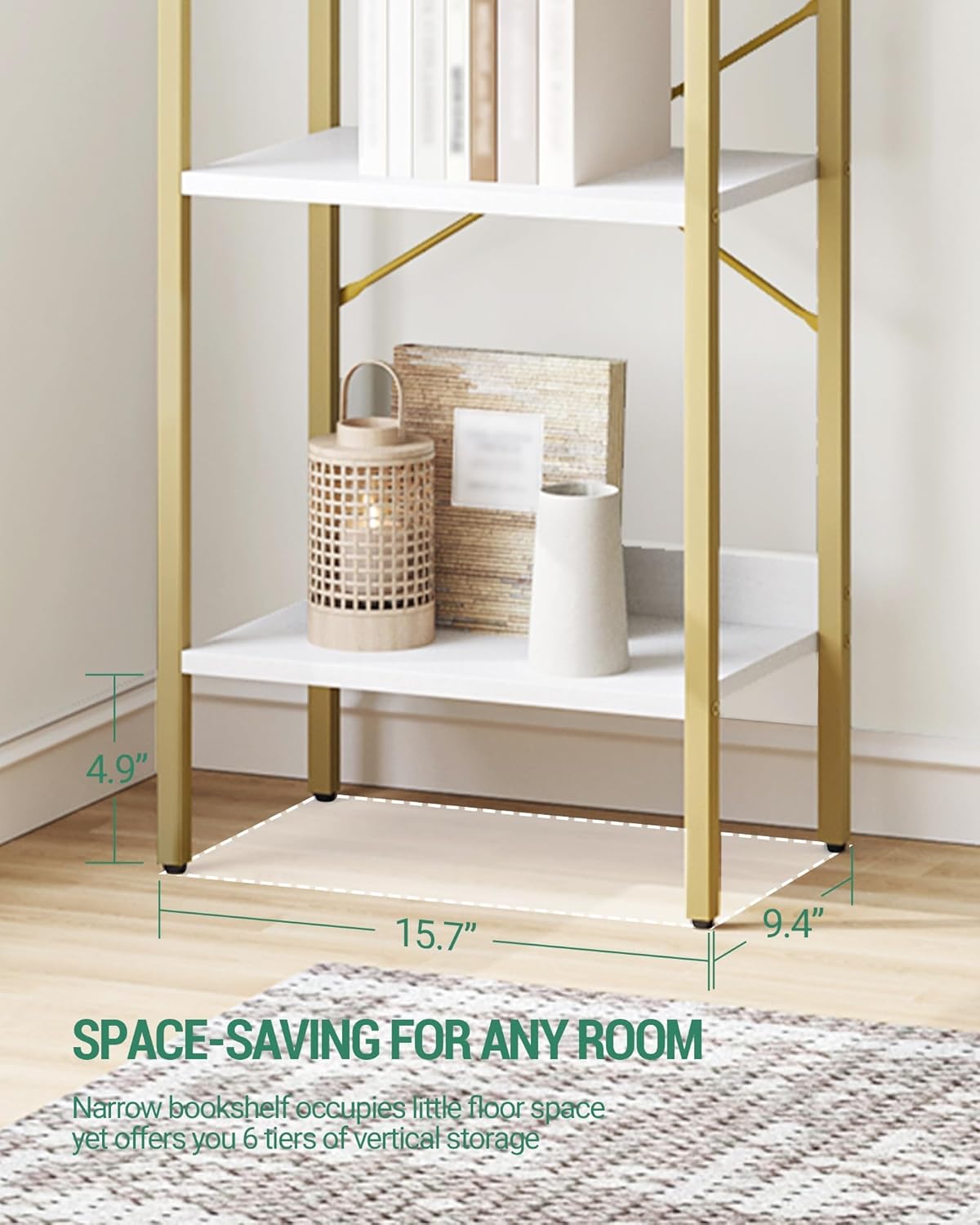Bookshelf, Book Shelf, Industrial Bookcase with 2 Hooks, Coner Shelf Storage Organizer for Home Office, Living Room, Bedroom, Kitchen, 6-Tier White-Gold BC10713G
