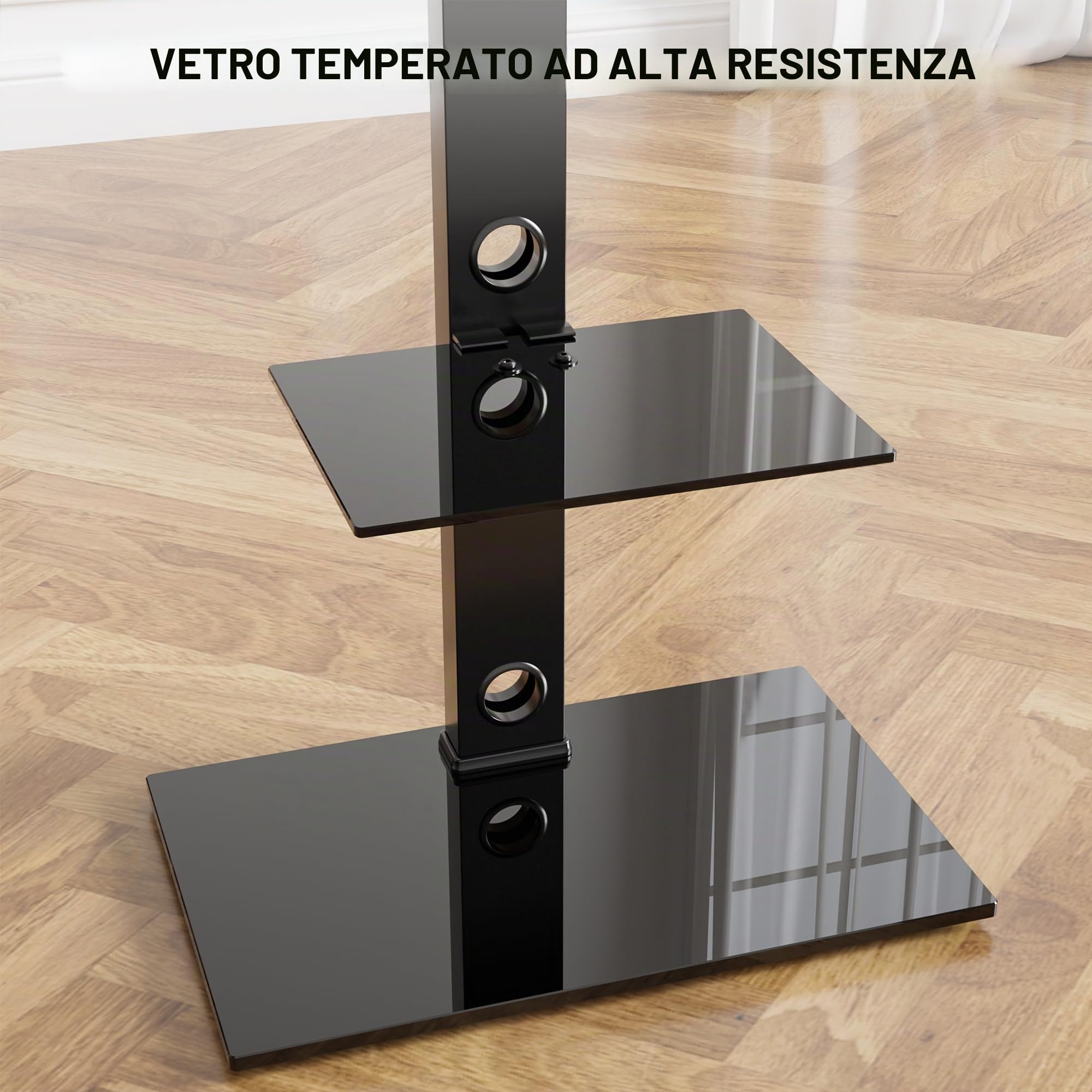 BONTEC Universale Supporto TV da pavimento per TV da 30-70 pollici LED OLED LCD, Porta TV da Terra Regolabile in Altezza con Ripiani in Vetro Temperato a 2 Livelli Max VESA 600x400mm, Fino a 40KG