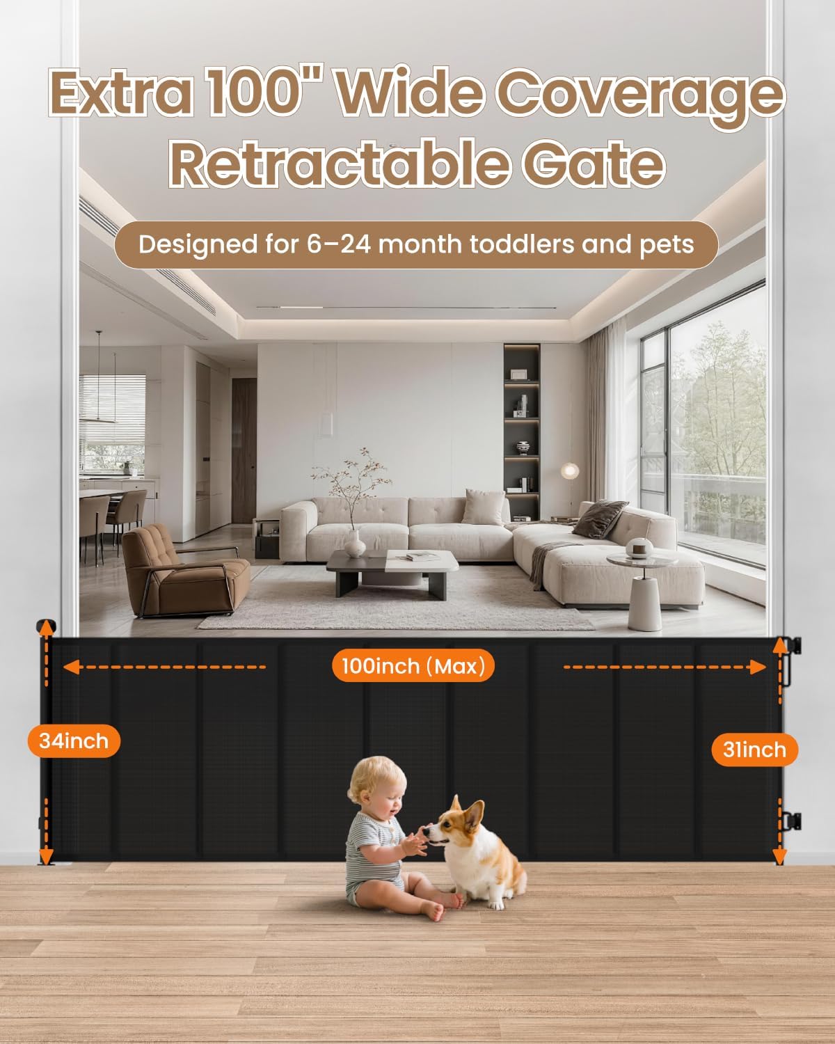 Retractable Baby Gate Extra Wide, 100" Wide Anti-Sagging Pet Gate with 8 Support Rods, 34" Tall Scratch-Resistant Extra Long Dog Gate for Large Openings, Doorways & Open Spaces, Black