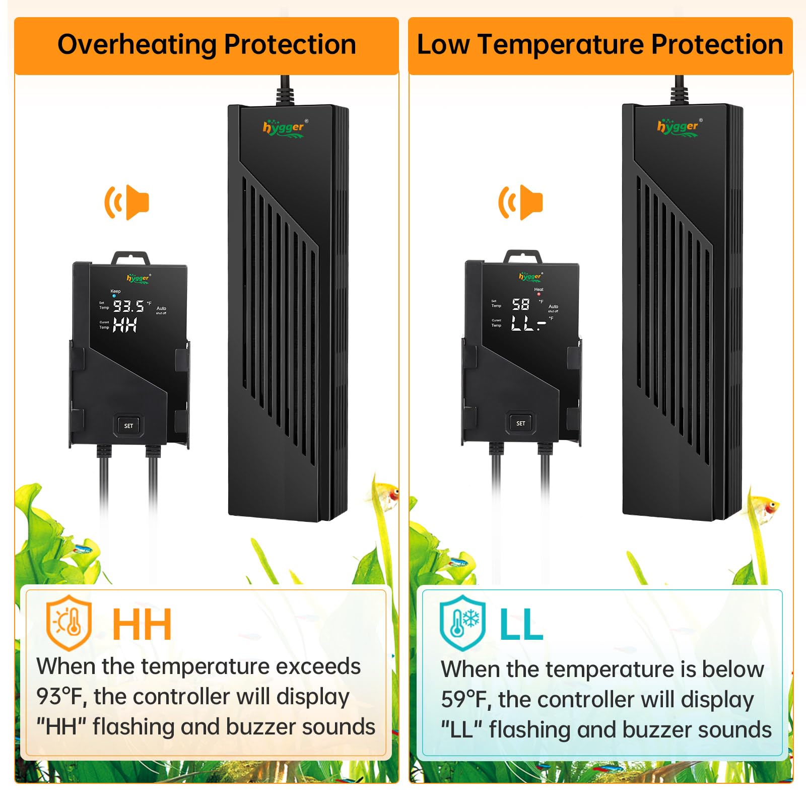 hygger - Calentador de acuario con driver de temperatura inteligente, 500 W para calentador sumergible de tanque de peces de 66 a 135 galones con sistema de calentamiento automático para agua dulce