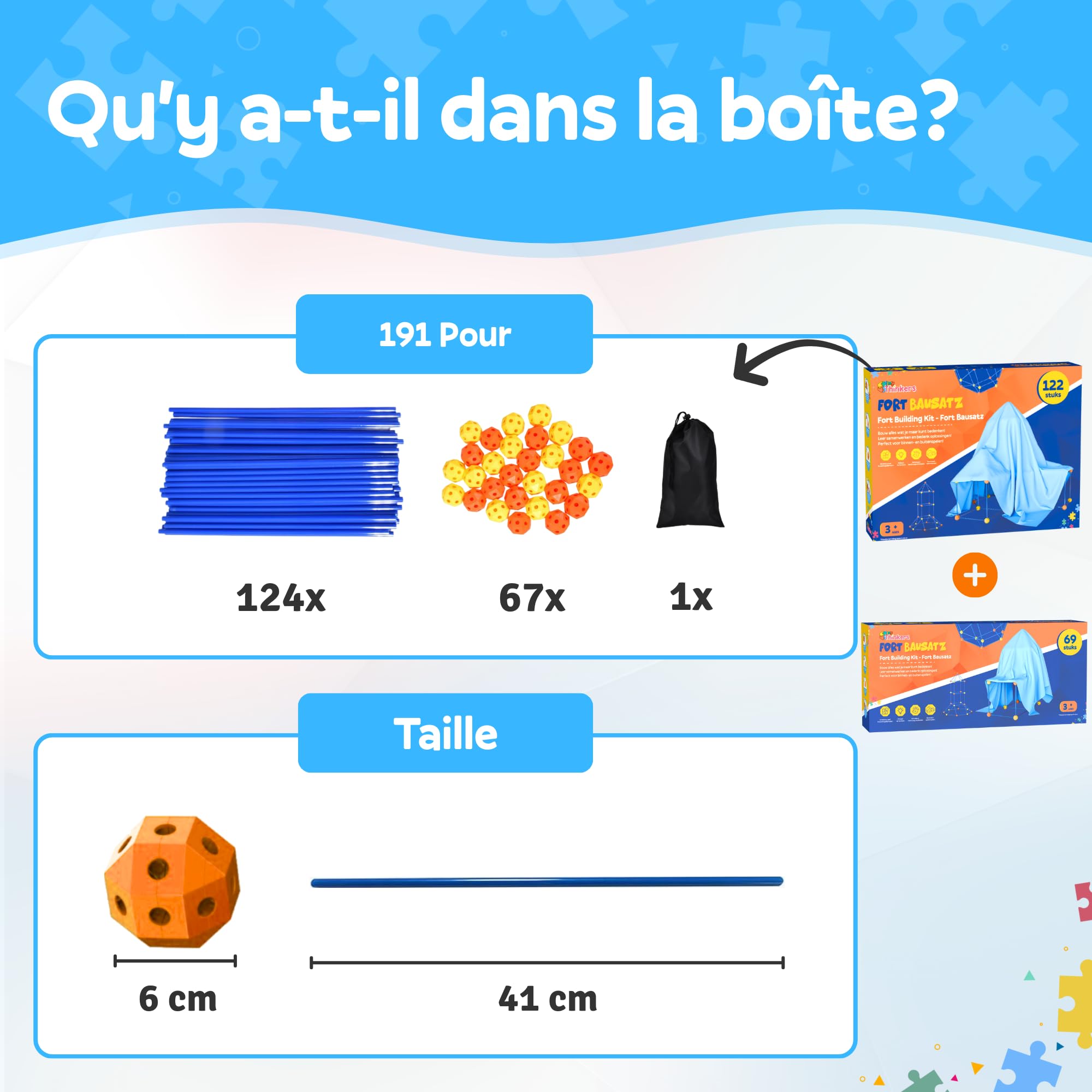 Kit Construction Cabane Enfant XL, 122 Pièces avec 76 Tiges & 46 Boules, Jouet STEM Créatif, Construire Fort, Tente & Château, Indoor & Outdoor, Sac de Rangement & E-Book Inclus