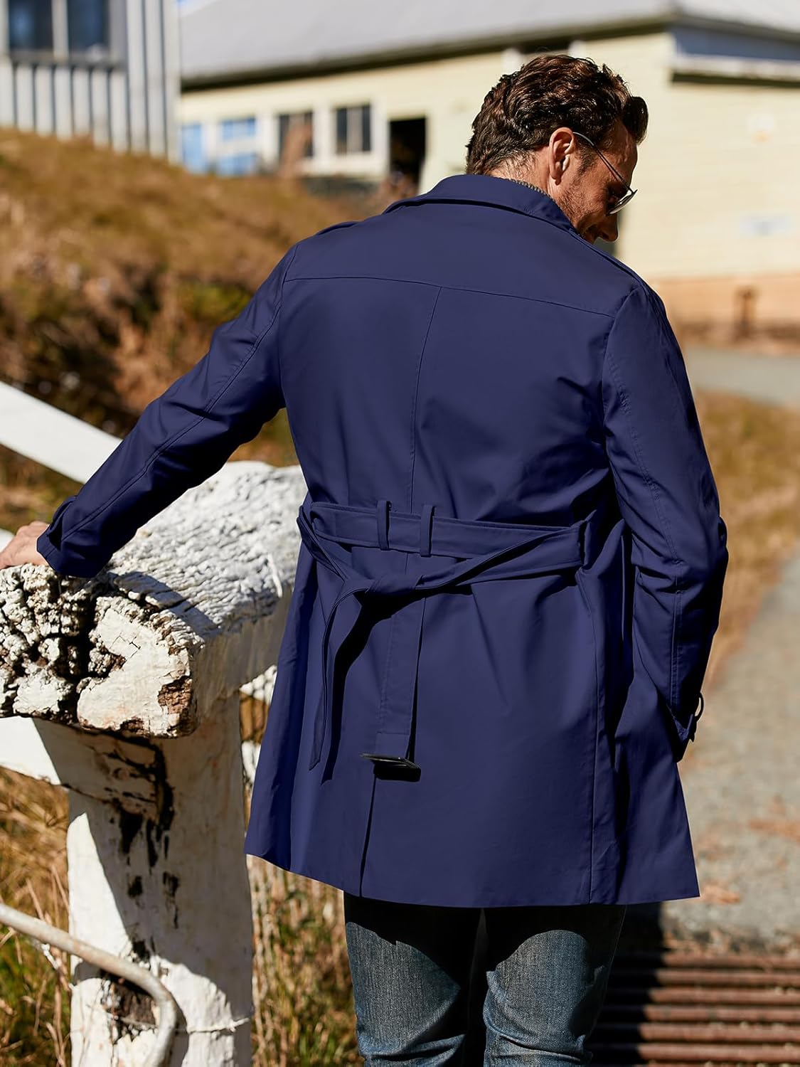 Pretifeel Mens Trench Coat Slim Fit Double Breasted Long Jacket Notched Lapel Belt Fall Windproof Coat - Image 4