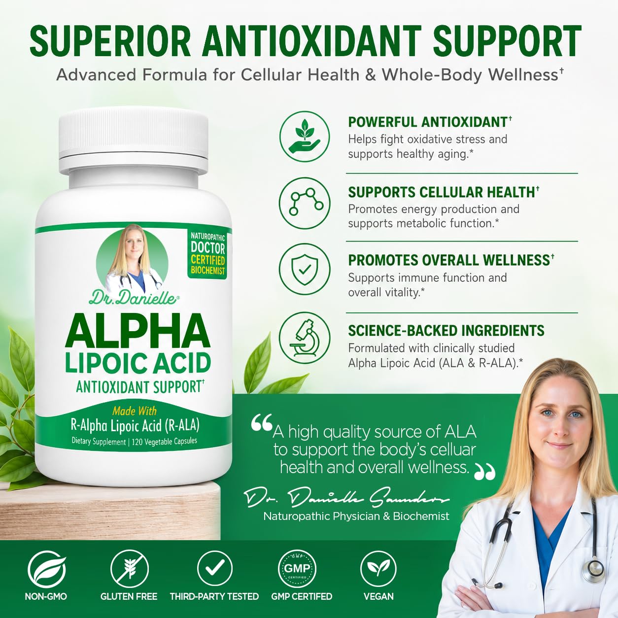 Alpha-Lipoic Acid by Dr. Danielle, Neuropathy Support, Non-GMO, Gluten-Free, Vegan, Soy-Free, Promotes Healthy Blood Sugar, Alpha R Lipoic Acid R-ALA, R-ALA, 120 Veggie Caps — Amazon image 3