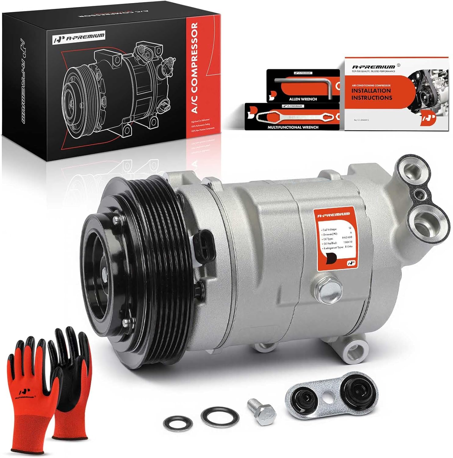 A-Premium Air Conditioner AC Compressor with Clutch Compatible with Chevrolet Chevy Equinox 3.0L 2010-2011, GMC Terrain 3.0L 2010-2011, SUV, SP17 Style, 6 Grooves