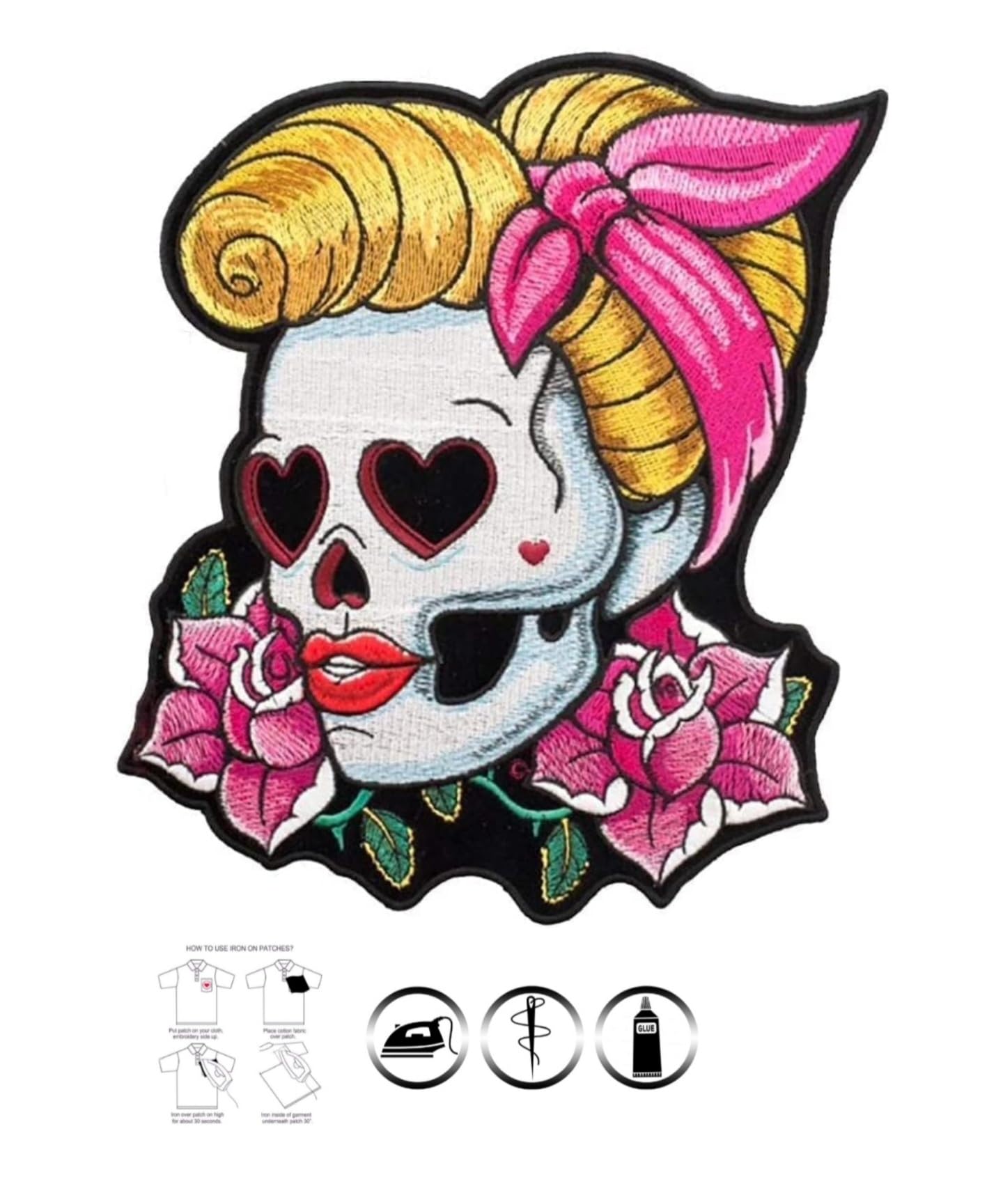 Toppa Pin-Up Teschio 18 X 22 Cm Patch toppa ricamata, toppa termoadesiva, per chapter e bikers, Iron-On, indipendent, per Giacca e Gilet Motociclista