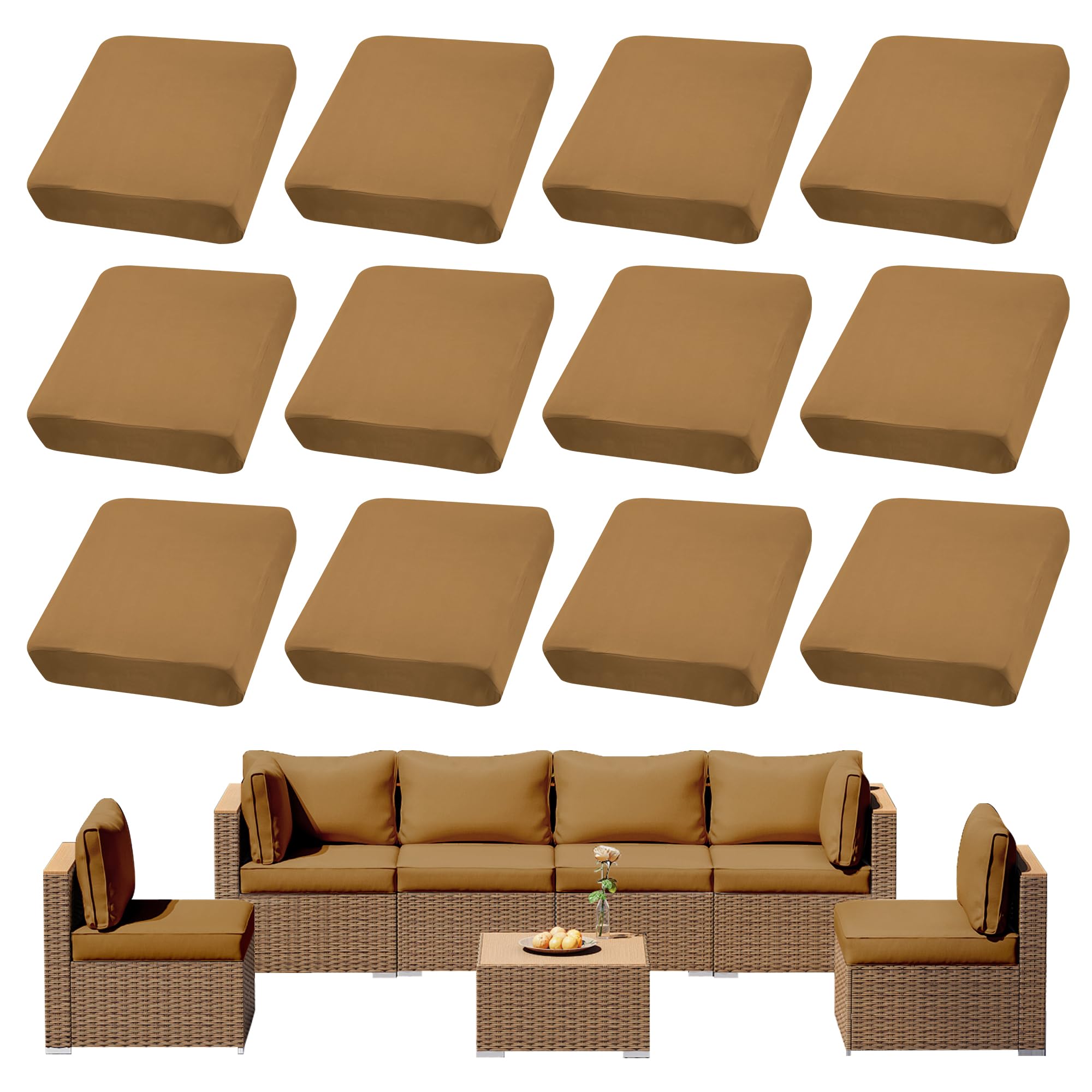 Photo 1 of DREAHOTEXTIL 12Pcs Outdoor Cushion Covers, Patio Cushion Covers,Stretch Elastic Slipcovers, Replacement Washable & Reusable Furniture Protector for Patio Couch (Camel Color,Cover Only)
