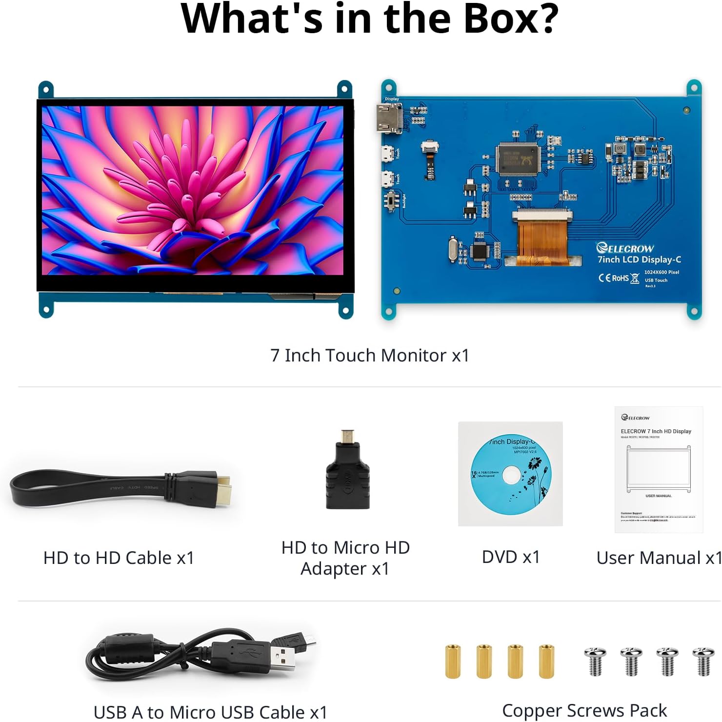 Diagram of the monitor's hardware, showing the standard HD port, micro USB port for touch and power, and backlight.