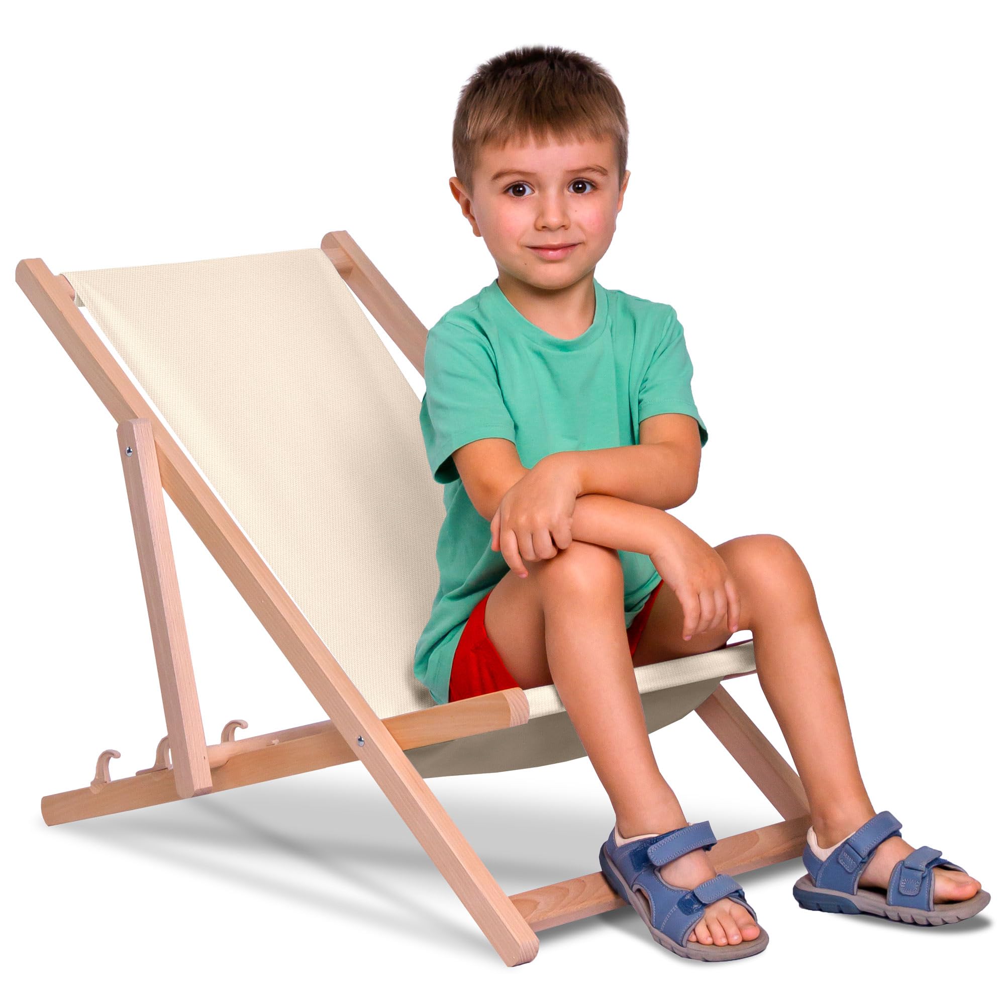 DreamRoots Chaise Longue Enfant en Bois de Hêtre, Chilienne Enfant Pliable, Transat Extérieur Jardin, Plage, Tissu Lavable Polyester 220 g/m², Charge Max 130 kg