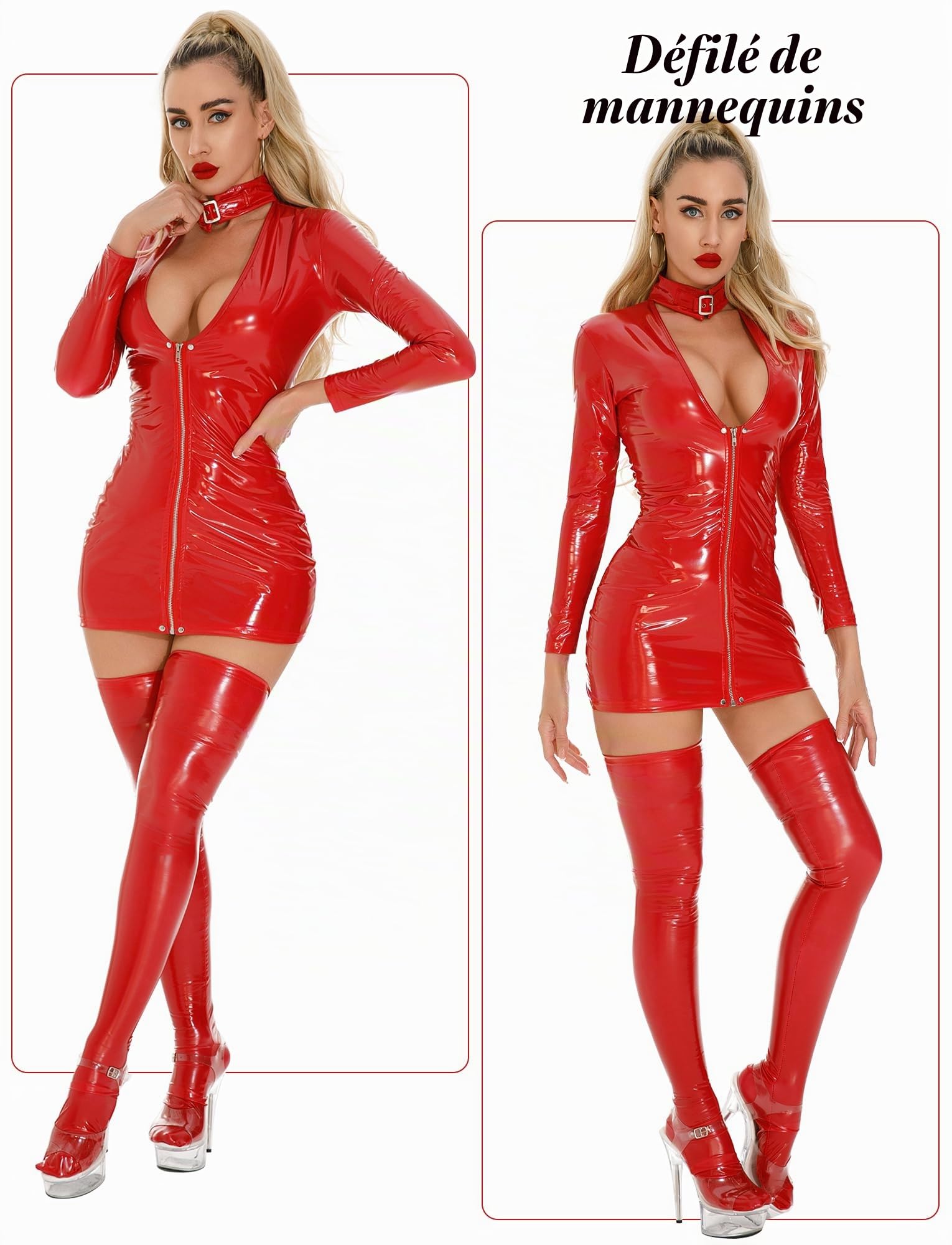 Maeau - Robe Clubbing Femme Cuir Verni Bodycon Manches Longues Bodysuit PU Brillant Zipper Party Wear XS-L