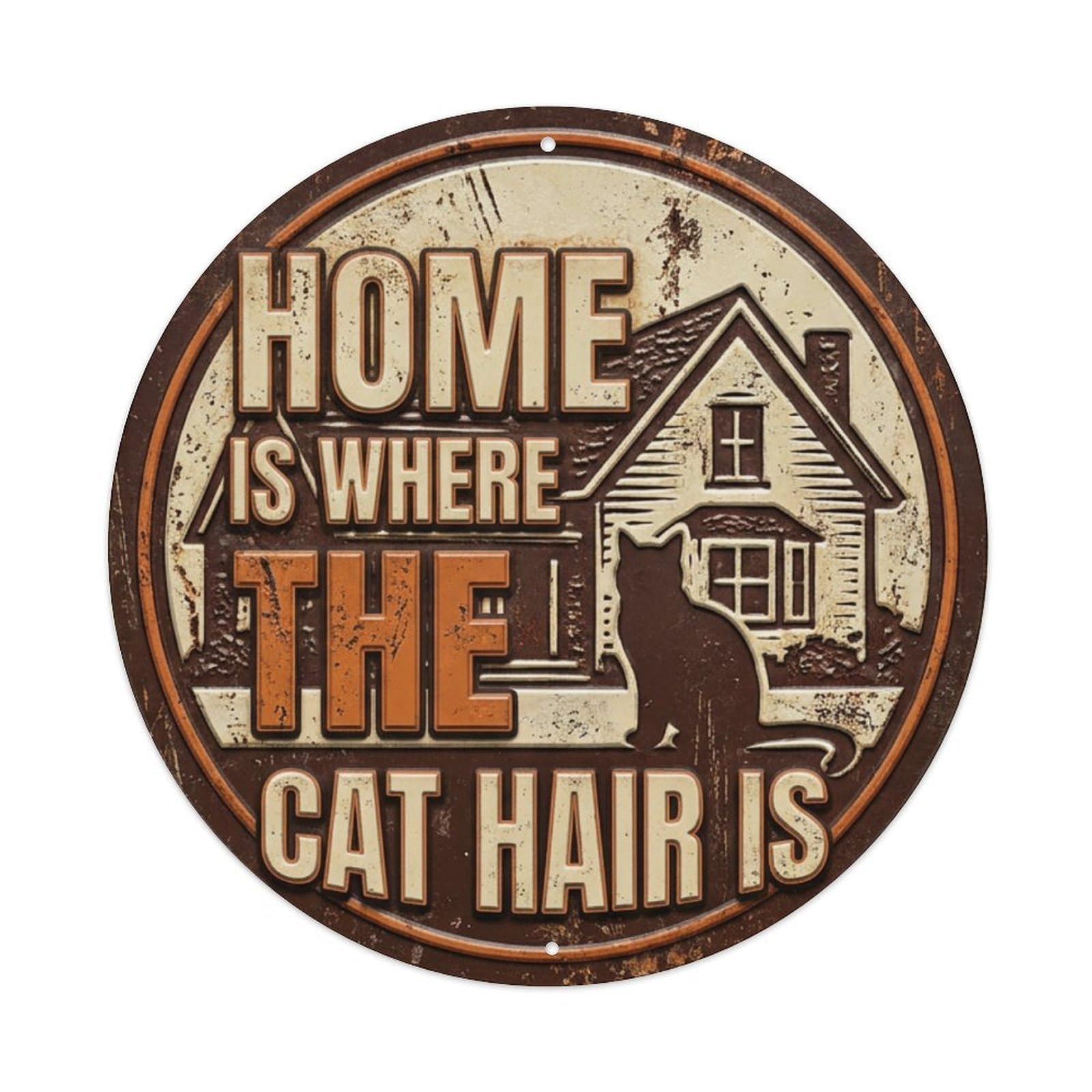 Home Cat Hair Retro Slogans Metal Tin Sign Plaque Wall Decor for Cafe, Club Bar, Office, Home Garden Round Metal Poster 8x8Inch