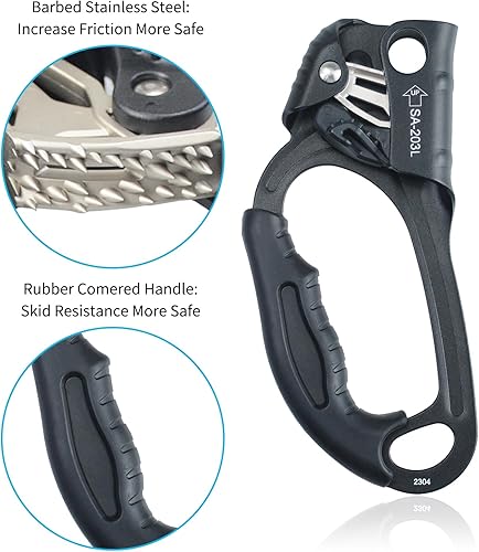 Miniatura 15 de Ascensor de mano CE, equipo de engranaje de rapel de 308.6 lbs con mango de goma ergonómico para arbolista de árboles de escalada en roca, negro