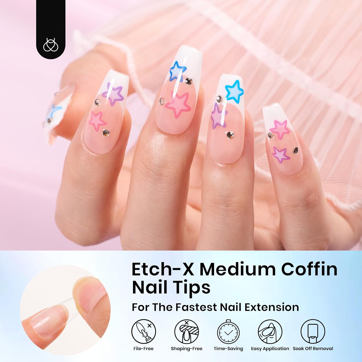 Beetles Etch-X Medium Coffin Gel Nail Tips, 288 Pcs, 12 Sizes | Half Matte Full Cover Press On False Tips, DIY Nail Extensions, Beginner Friendly for Women