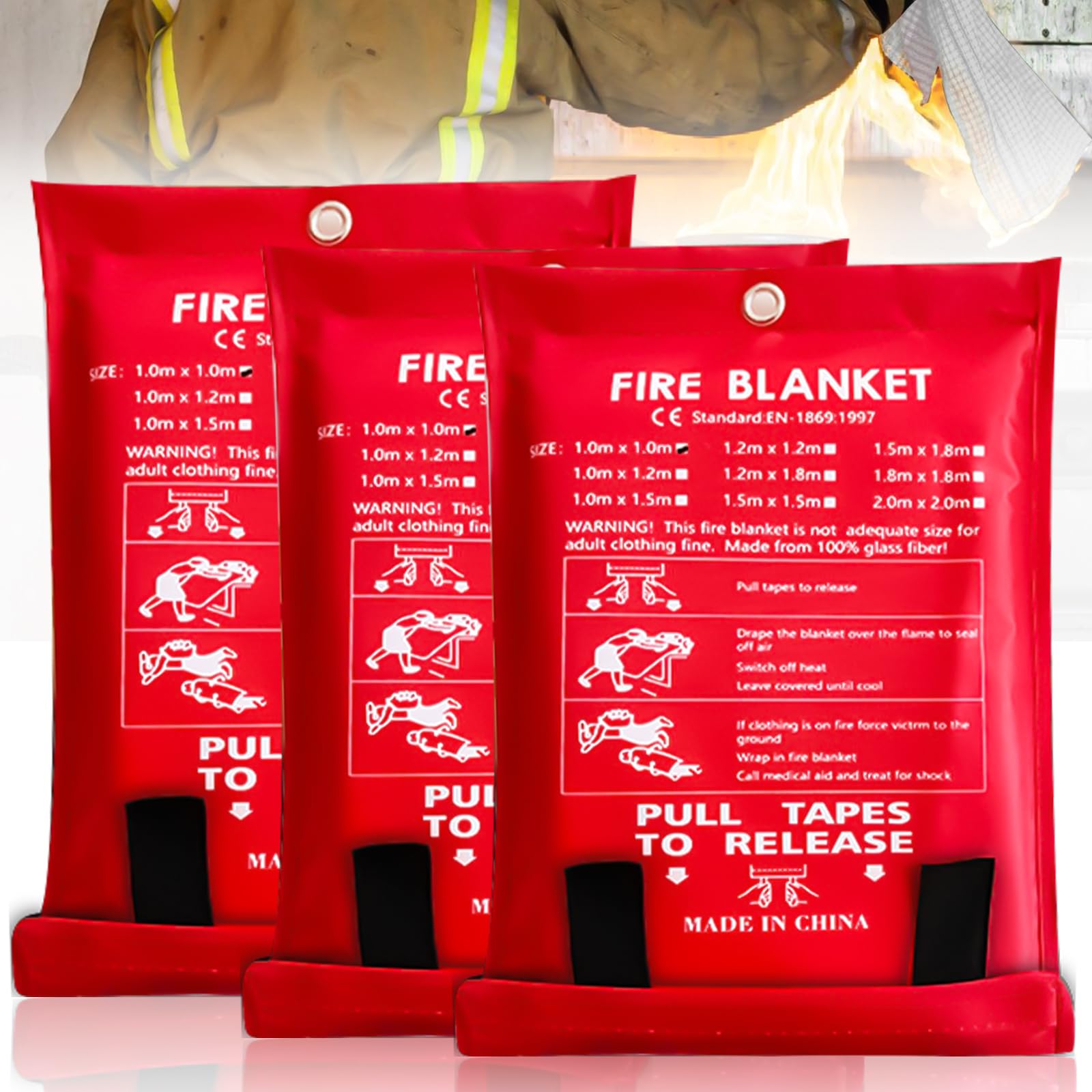 Lot de 3 couvertures anti-incendie, 100 x 100 cm, couverture anti-incendie en fibre de verre, couverture incendie pour design de sécurité accidentelle pour cuisine, cheminée, barbecue, voiture