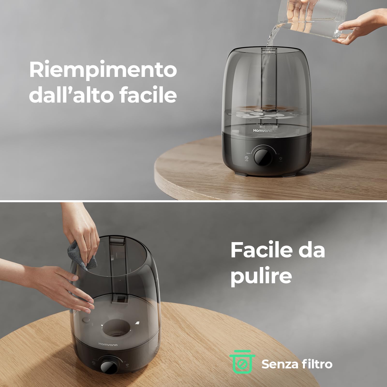Homvana 4L Umidificatore Ambiente Bambini, 25dB, Cool Mist, Top-Fill | Humidifier 40H Runtime 25dB Quiet, Diffusore Oli Essenziali, Easy to Clean Ultrasuoni, Plants, Baby (Nero)