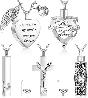 Fumete 5 Pcs Urn Necklace for Ashes Cremation Keepsake Necklace for Ashes of Loved Heart Cross Cubic Stainless Steel Memorial Locket Urn Keepsake Jewelry for Women Men, 5 Styles