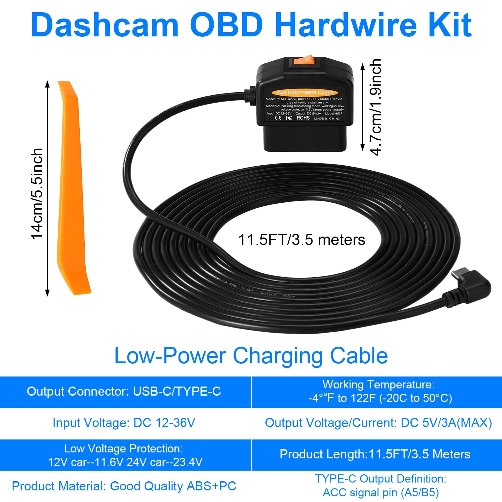 Kabel Zasilający OBD2 do Kamery Samochodowej, Zabezpieczenie Przed Niskim Napięciem (11,6V/23,4V) Adapter OBD do Typu C Tryb Parkowania 24/7 i Tryb wykrywania ACC Nagrywanie Ciągłe Plug & Play