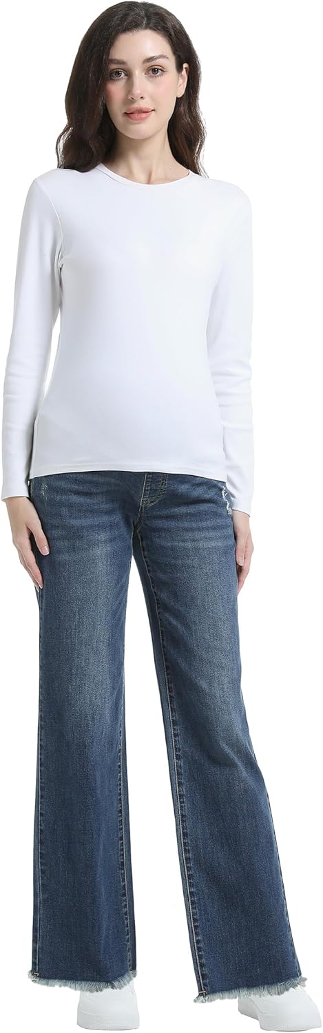 V VOCNI Maternity Jeans Wide Leg Stretch Over The Belly Pregnancy Jeans Straight Raw Hem Loose Denim Pants - Image 6