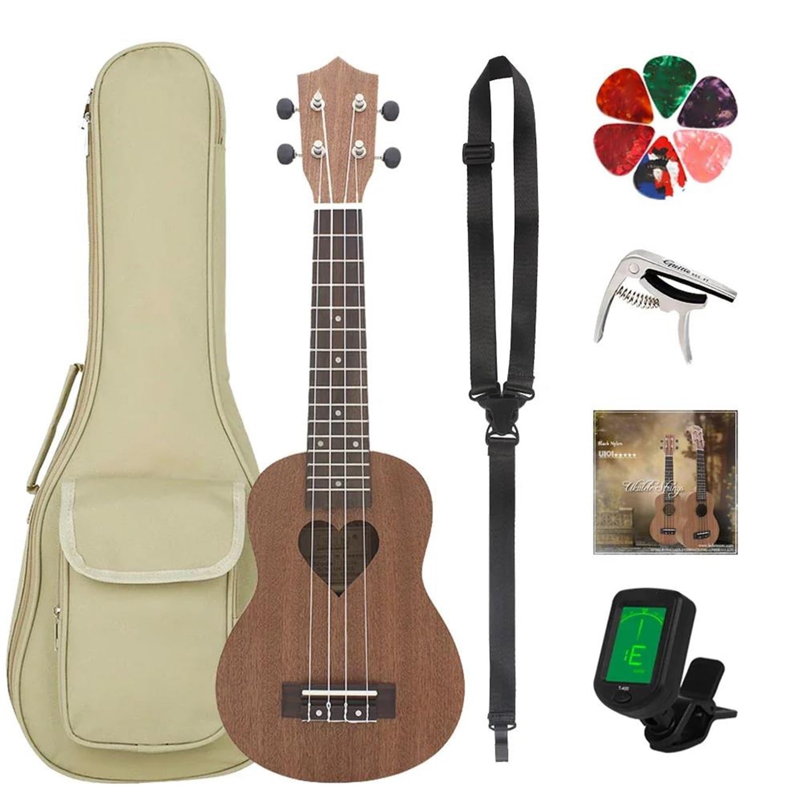 21 Zoll Ukulele 4 Saiten Hawaii-Gitarre Liebesform Ukulele Mit Tasche Stimmgerät Saiten Kapodaster Teile Ukulele Set