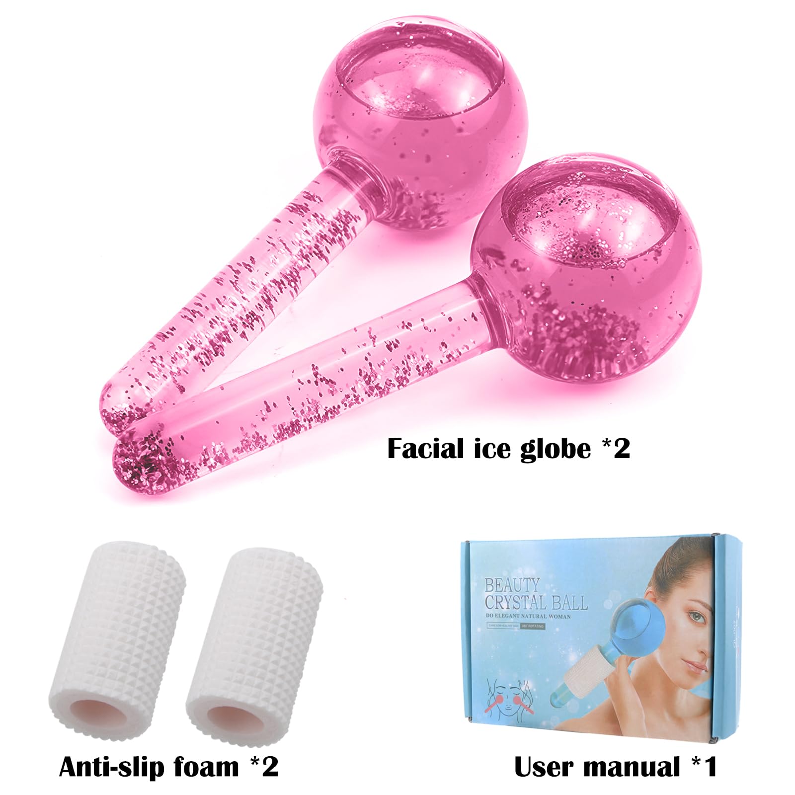 2 globos faciales de hielo para rostro, juego de bolas de enfriamiento para ojos y cuello, rodillo facial para tonificar la piel, reducir la hinchazón, ojeras, mejorar la circulación sanguínea (rosa)