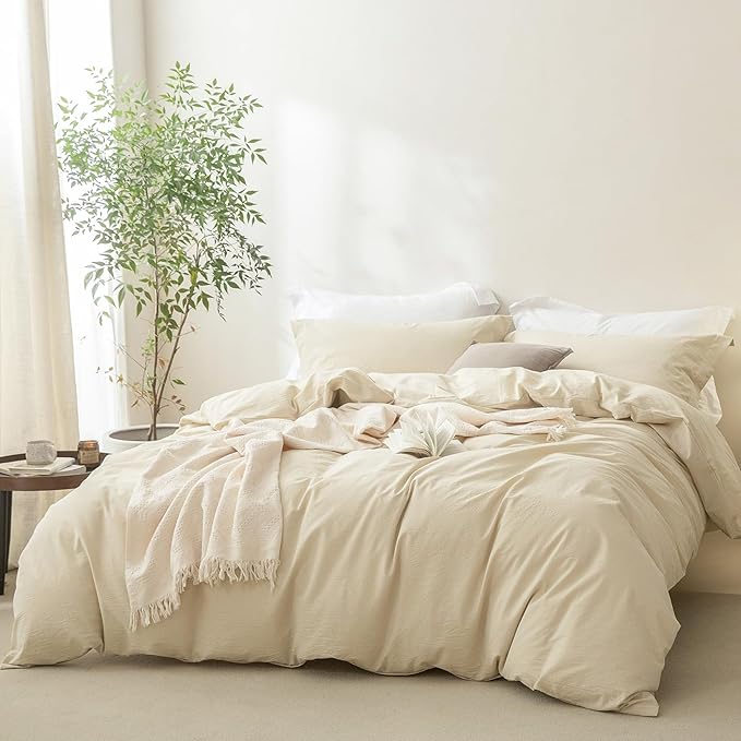 Linen Feel Almond Milk Grey Duvet Cover Queen Size 90'' L x 90'' W, 100% Washed Cotton Duver Cover with Zipper Closure Plus 2 Pillowcases, Cozy and Breathable