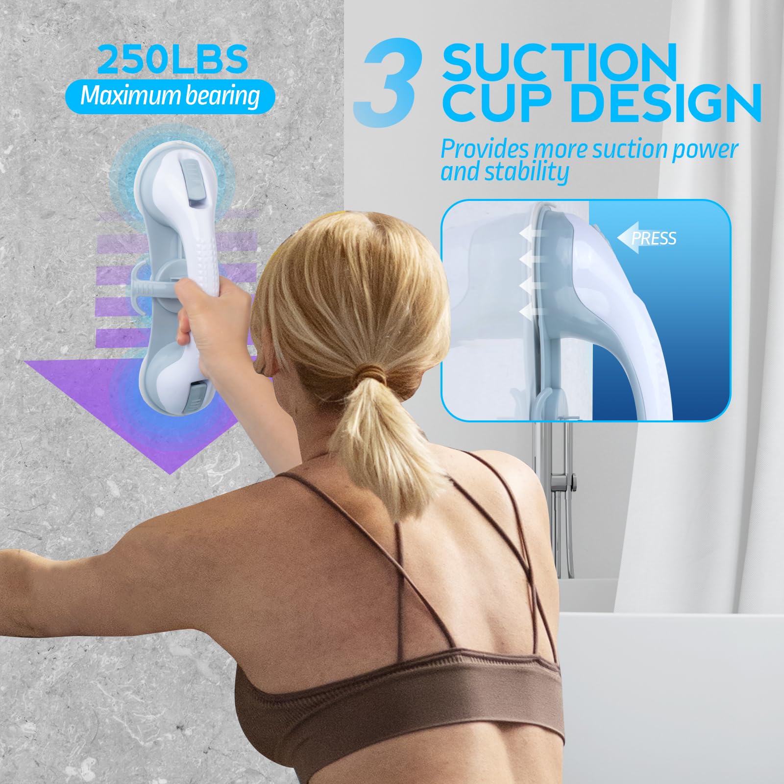 2-Pack Shower Handle Safety Grab Bars With 3 Suction Cups