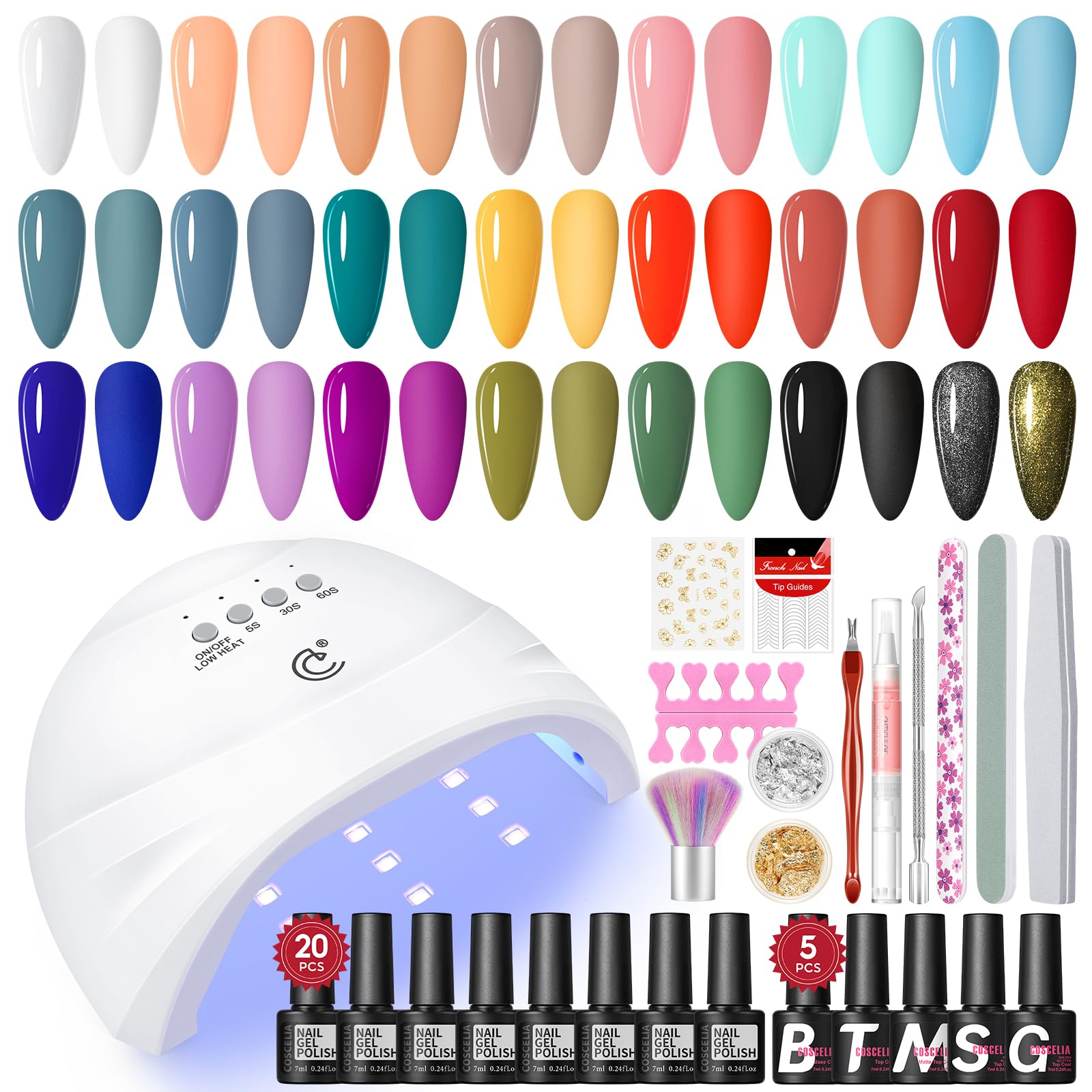 COSCELIA Uñas Semipermanentes Kit Completo, 25Pcs Esmaltes Semipermanentes para Uñas con Base, Top Coat Brillante y Mate, Kit Uñas Semipermanentes con Lámpara de Uñas para Principiante y Profesional