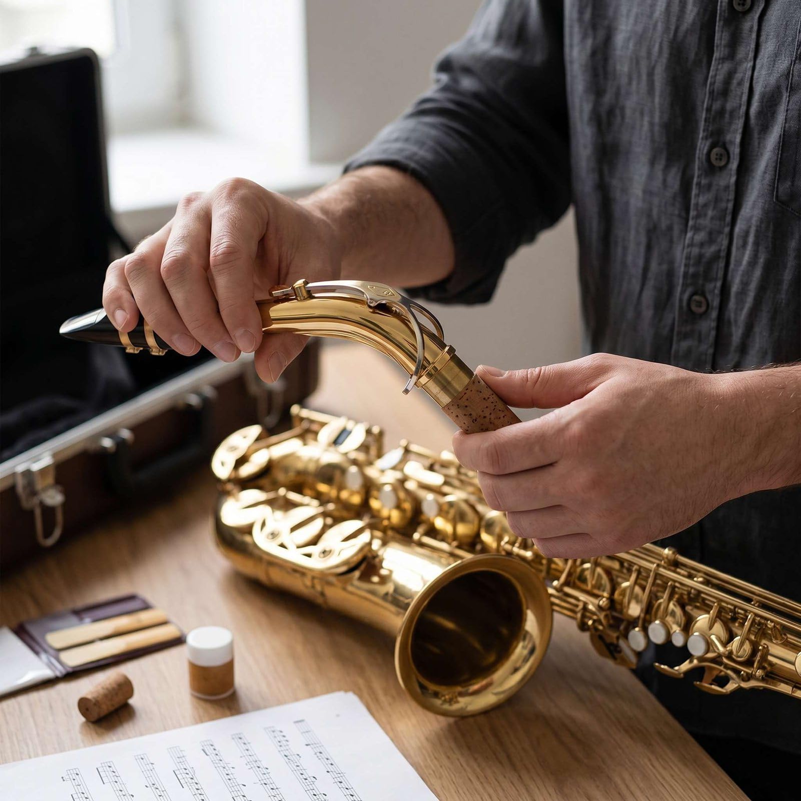 EMUKOEP Collo per Sassofono Contralto in Ottone Lucidato a Mano Sax Mib con Cuscinetti Ermetici per Studenti Musicisti
