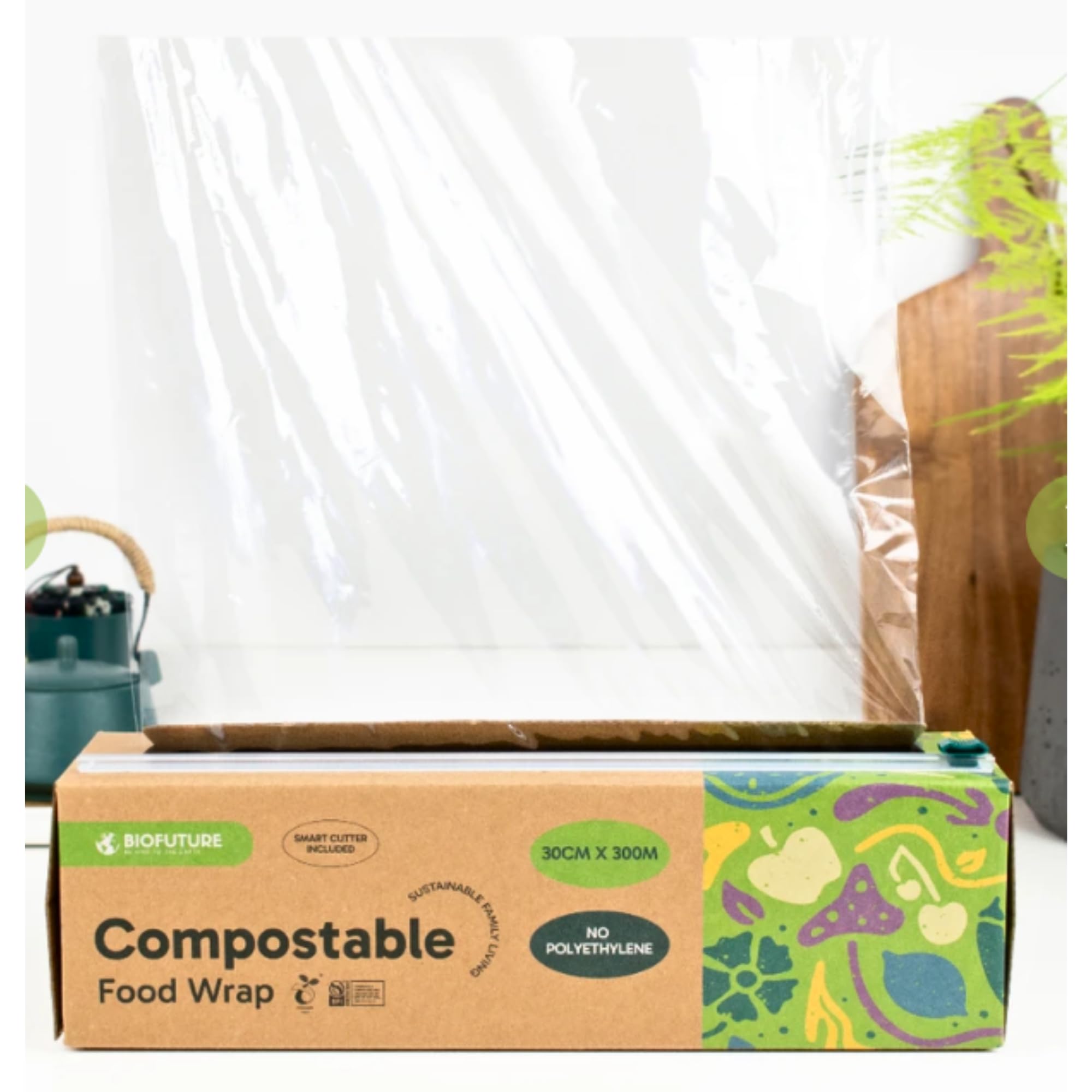 Pellicola trasparente biodegradabile con taglierina, 300 m x 30 cm, compostabile, senza BPA, adatta al congelatore, resistente agli strappi, ecologica, per uso domestico, cucina e uso commerciale