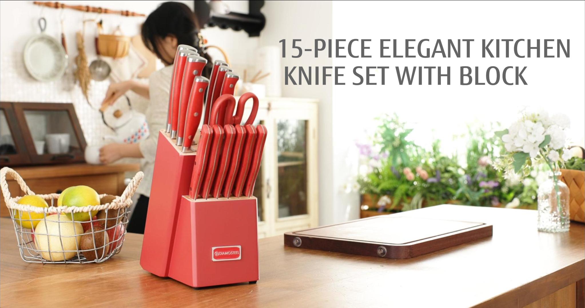 Amazon.com: Diamosteel Red Knife Set, 15-Piece Knife Block Set
