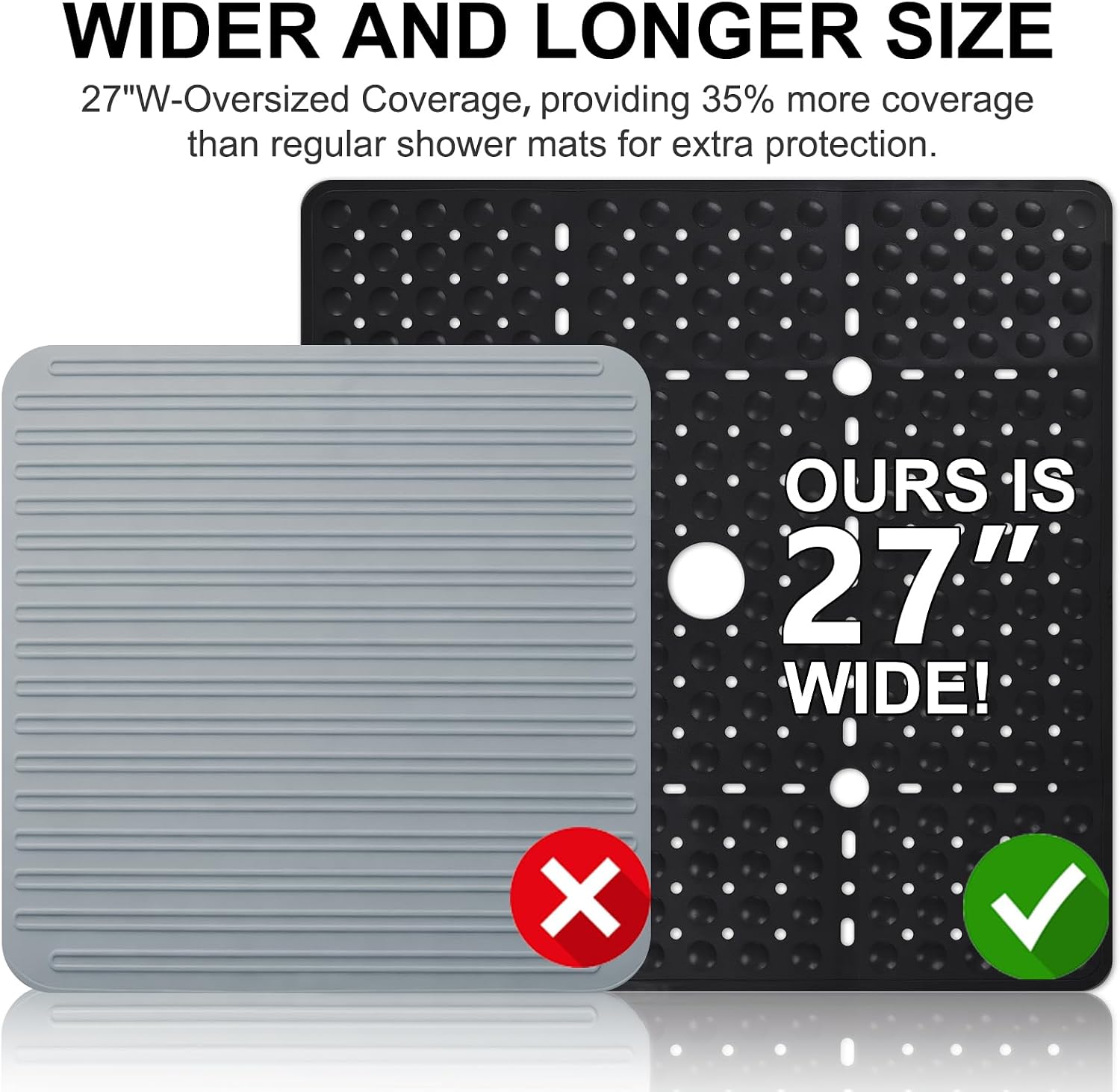Extra Large Non-Slip Shower Mat: 27 x 27 Inch Square Shower Mats for Inside Showers with Center Drain, Suction Cups Shower Floor Mat, TPE Soft Shower Mat for Smooth Shower Stalls