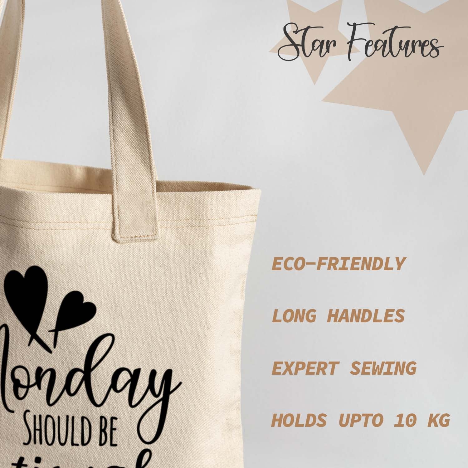 AKARSHNAM - Funny Graphic Printed Cotton Tote Bag - Reusable Printed Shopping/Grocery Bag - Multipurpose Canvas Shopping Tote Bag with Long Handle - (15 x 16 inch, Natural Beige) (Monday) 2