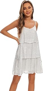 Women's Glitter Sequin Dress Adjustable Spaghetti Strap V Neck Fashion Sparkle Layered Evening Party Dress - Buy now