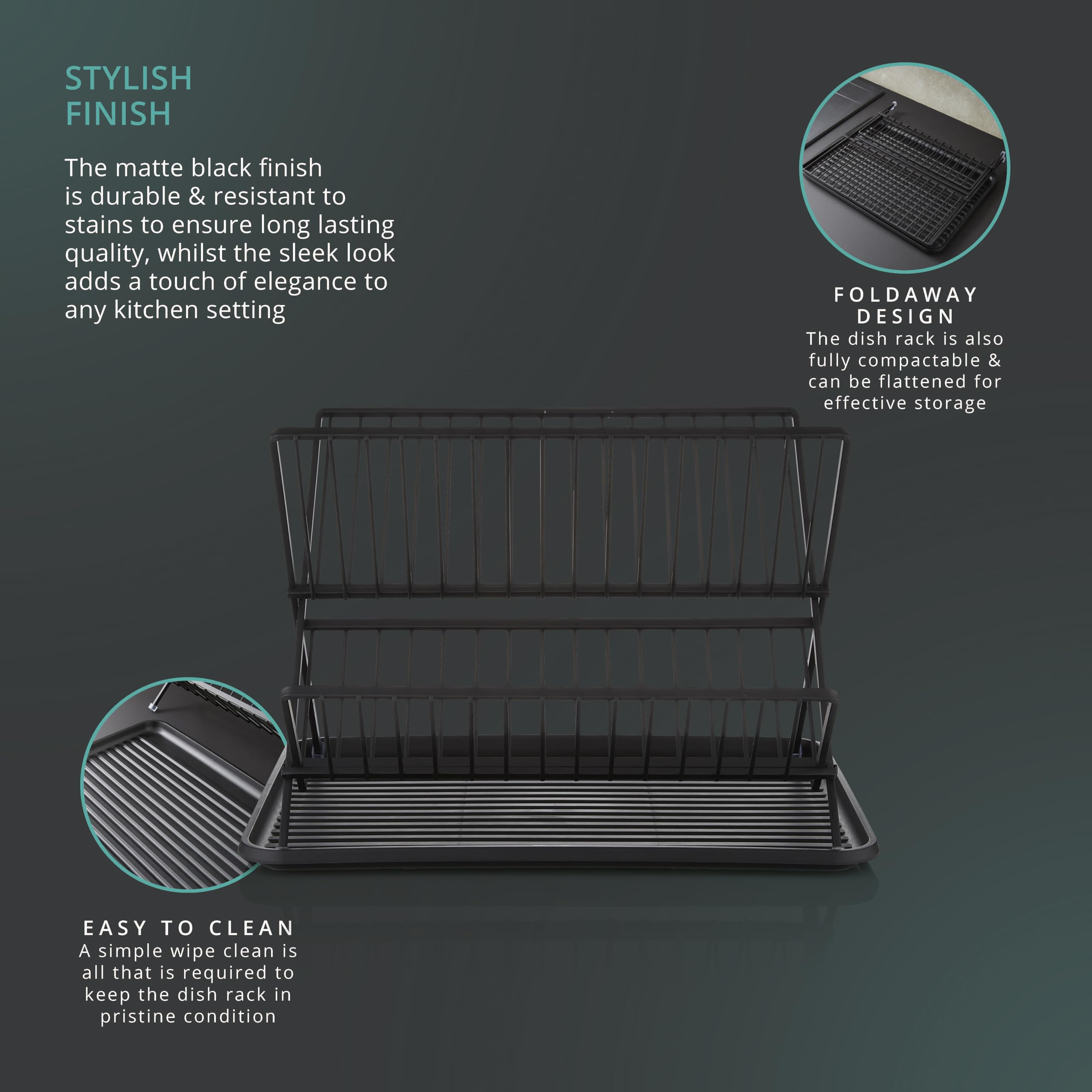 Swan SKWA5071BLK Stealth - Escurridor Plegable para 15 Platos con Bandeja de Goteo extraíble, diseño de Dos Niveles Que Ahorra Espacio, Cuerpo de Hierro, Color Negro