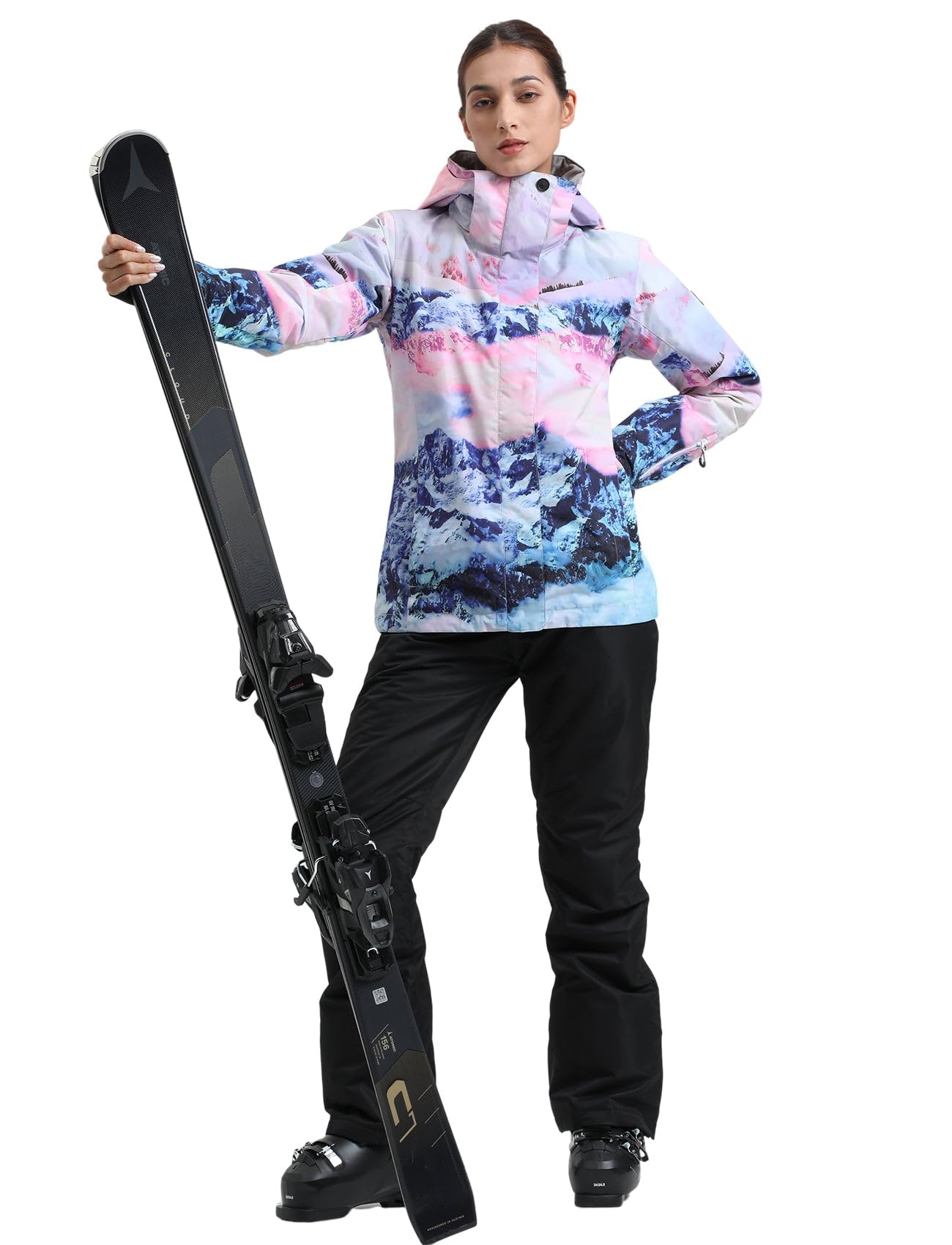 GSOU SNOW Giacca e Pantaloni da Sci da Donna, Tuta da Sci 2 Pezzi, con Cappucco Impermeabile Antivento Traspirante Caldo Isolante