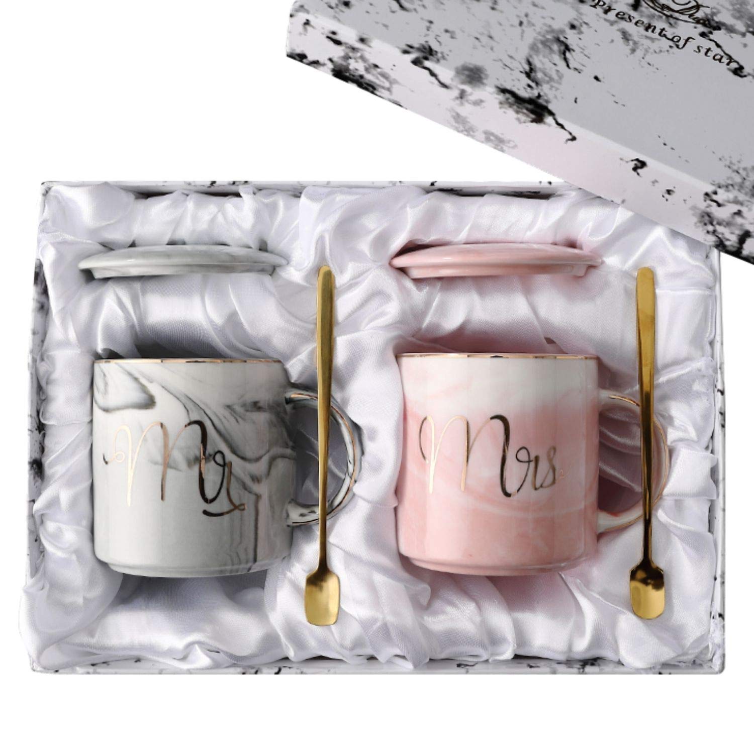 Mr and Mrs Coffee Mugs for Couple - Unique Engagement Wedding and Bridal Shower Gifts for Bride and Groom - 12oz Ceramic Marble Cups w/ Gift Box