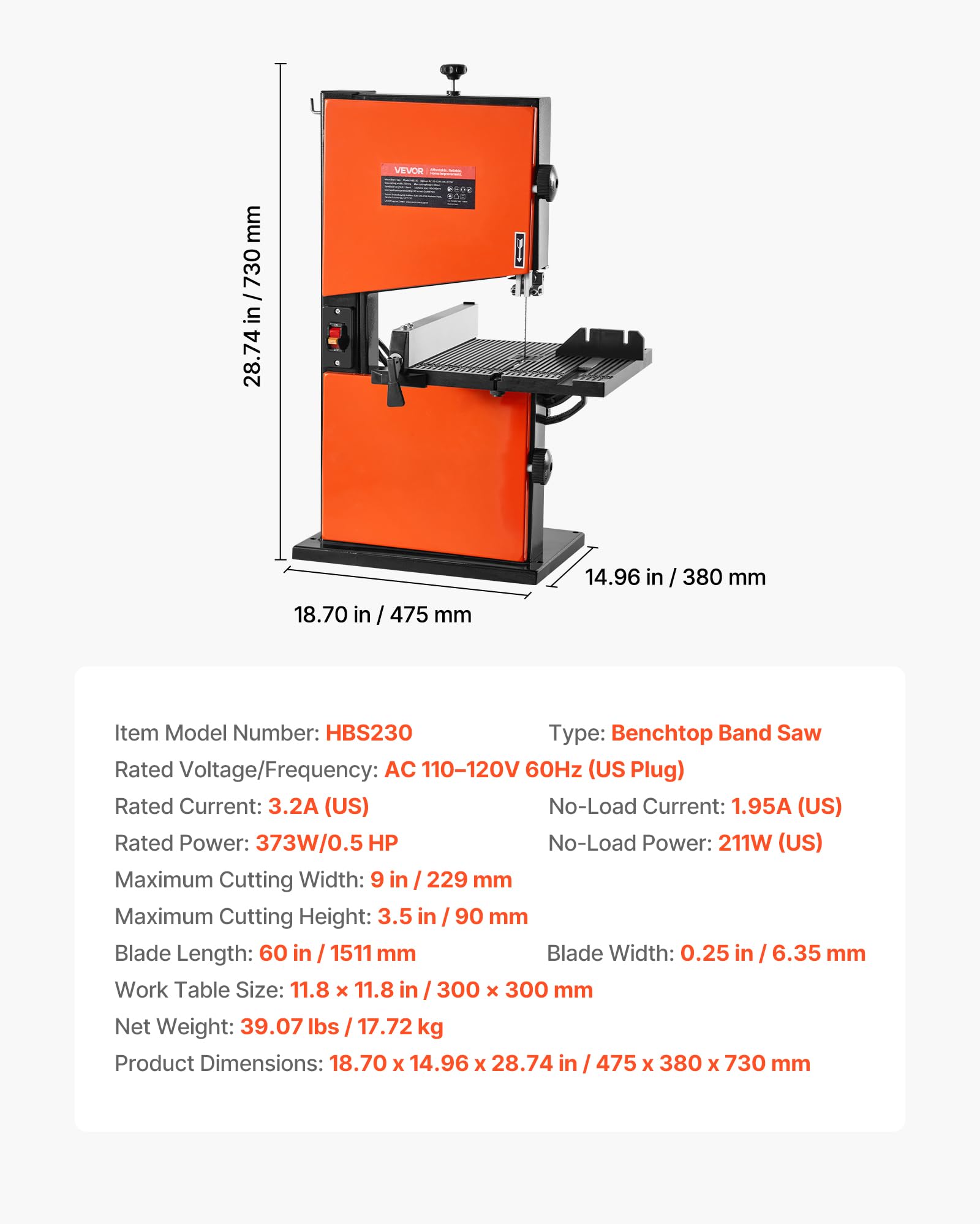 VEVOR Sierra de Cinta para Madera con Motor de 373 W, Altura de Corte de 90 mm, Ancho de Corte de 229 mm, Mesa de Aluminio Fundido de 300 x 300 mm, con Luz de Trabajo de 360°, para Carpintería