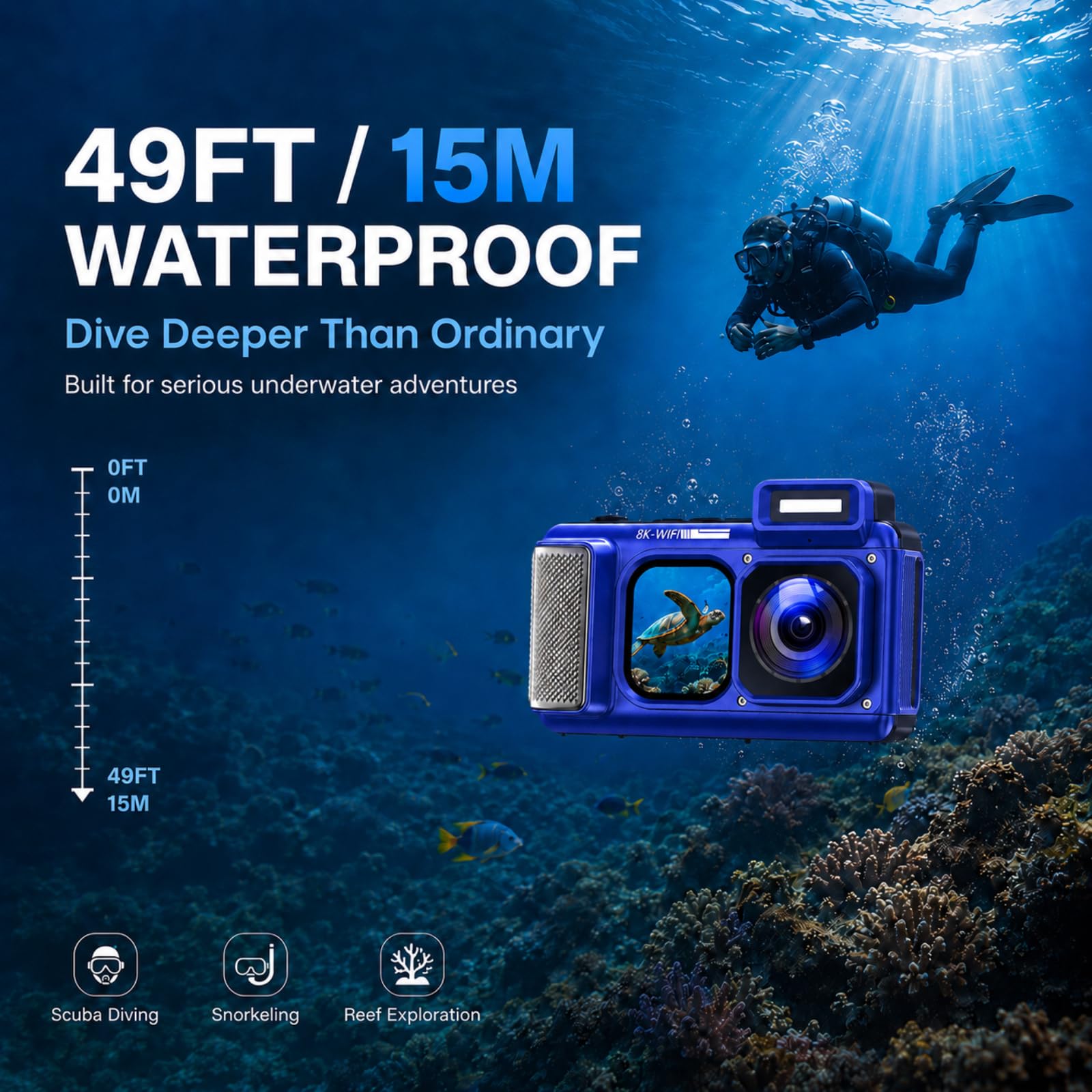 Maxmango V08 Pro 49FT Macchina Fotografica Subacquea - 8K 90MP WiFi Macchina Fotografica Digitale, 2.8'' Touchscreen Robusta Antipolvere Antiurto per Snorkeling, 64GB Fotocamera Digitale, Blu