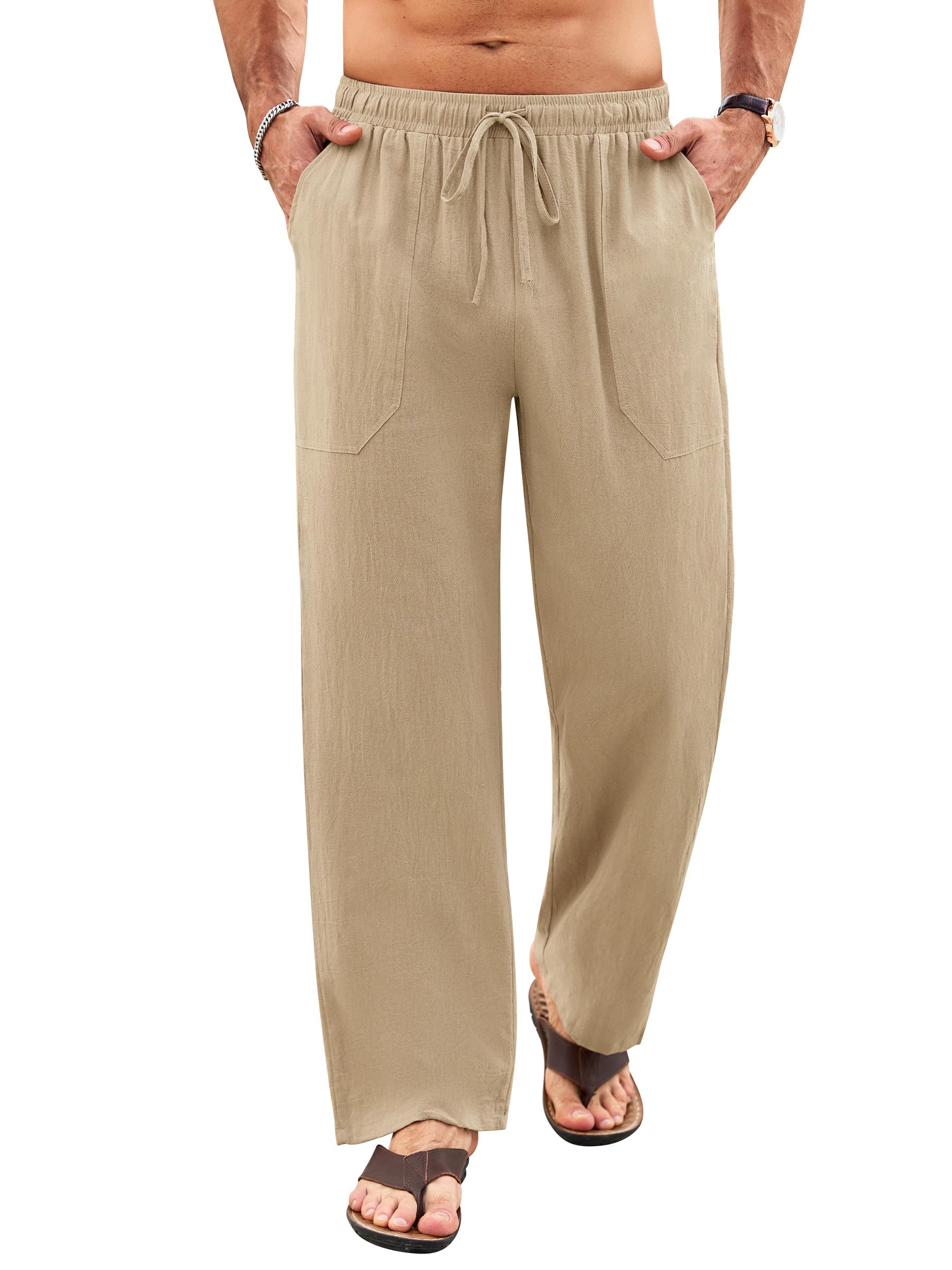 Litthing Pantalon en Lin Homme Jogging Coton Décontracté Été Pantalons Sport Yoga Taille Élastique Léger Pants avec Poches et Cordon