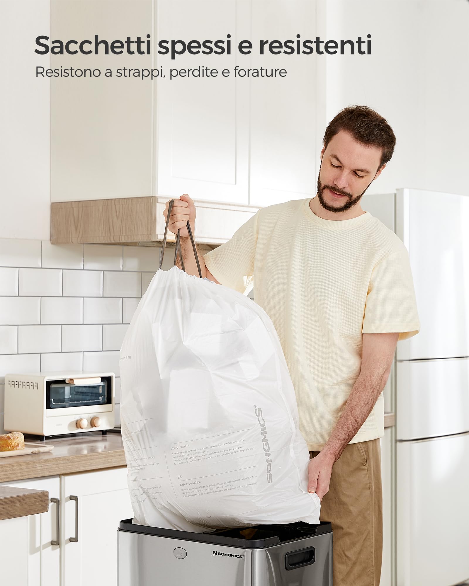 SONGMICS Sacchi Spazzatura, Sacchetti per Immondizia con Manici a Cordoncino, Sacchi per Pattumiere da Cucina da 50L, Pre-separati, Codice 050A01, 2 Rotoli, 80 Pezzi, Bianco KRB050A02