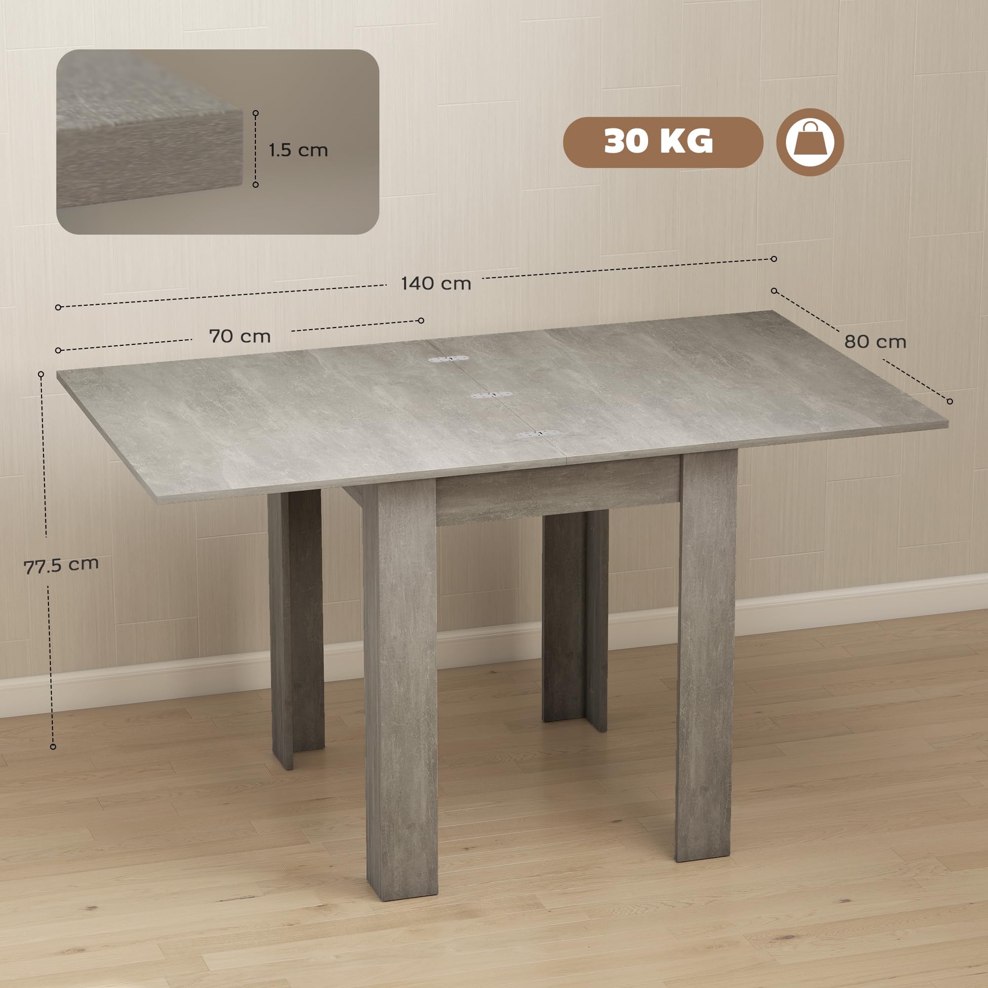 HOMCOM Tavolo da Pranzo Allungabile per 4-6 70-140cm Grigio Effetto Legno | Design Ribaltabile, Rettangolare Salvaspazio, Piedini Antiscivolo, Sala da Pranzo Soggiorno