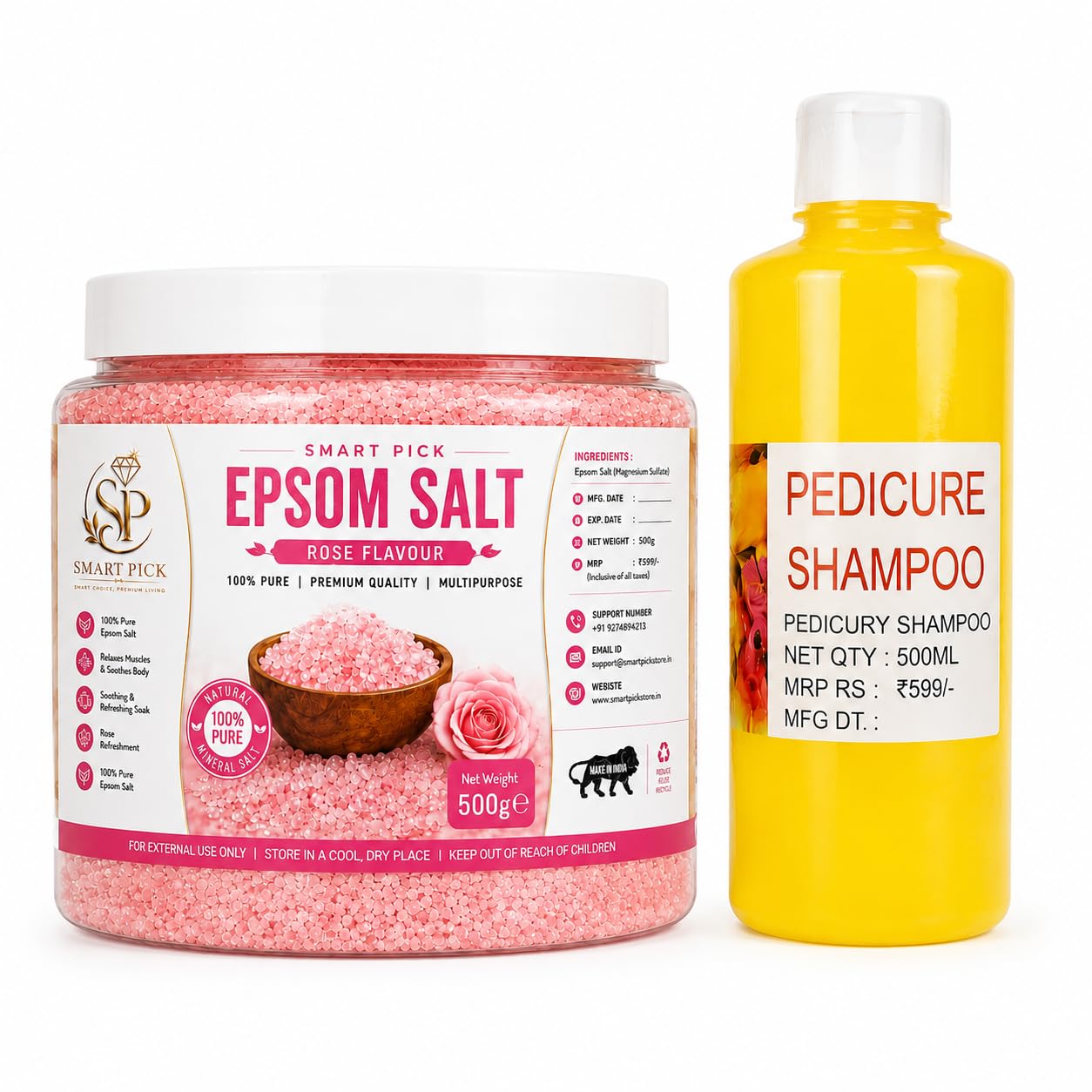 Rose Epsom Salt and Pedicure Shampoo Combo, Foot Care and Body Soak Kit, 500g and 500ml-picture-13
