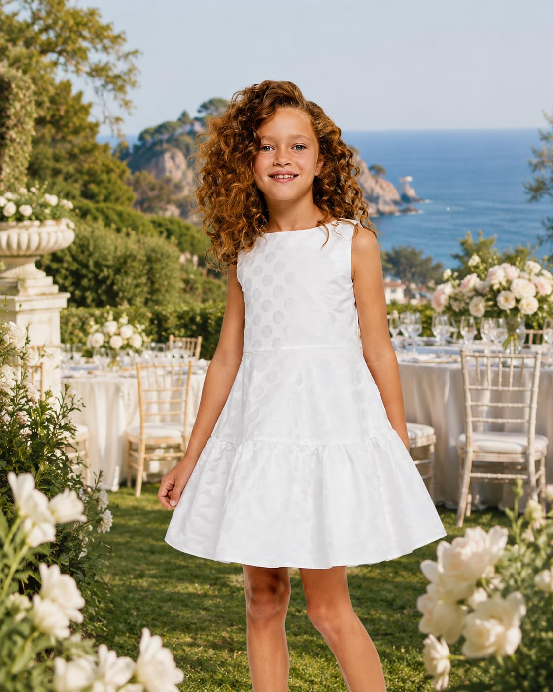 Generico Abito da Bambina Bianco con Pois, Vestito Ragazza Senza Maniche, Elegante e Perfetto per Cerimonie, Matrimoni, Battesimi e Occasioni Speciali 6964